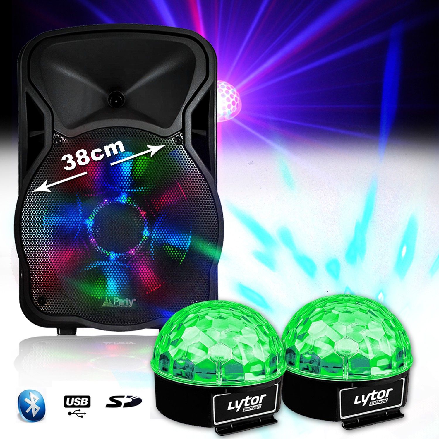 Party Sound & Light PARTYSOUND-15 800W 15" LED RGB Speaker with Bluetooth, USB, SD, FM + 2 Sixmagic LytOr Light Sets