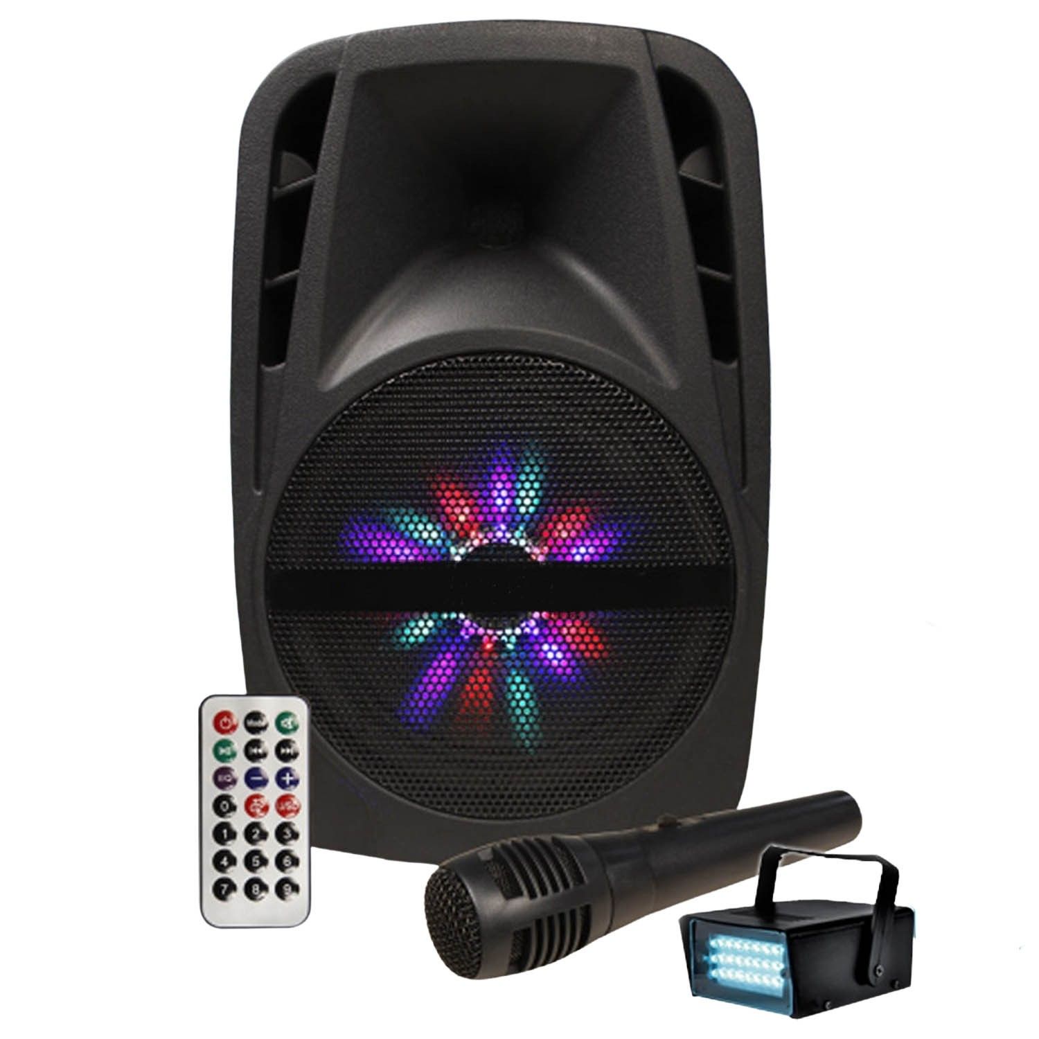 Festinight 8" LED RGB Music Speaker with Karaoke Function - 300W, USB/BT/FM Radio, Microphone, and Strobe Light