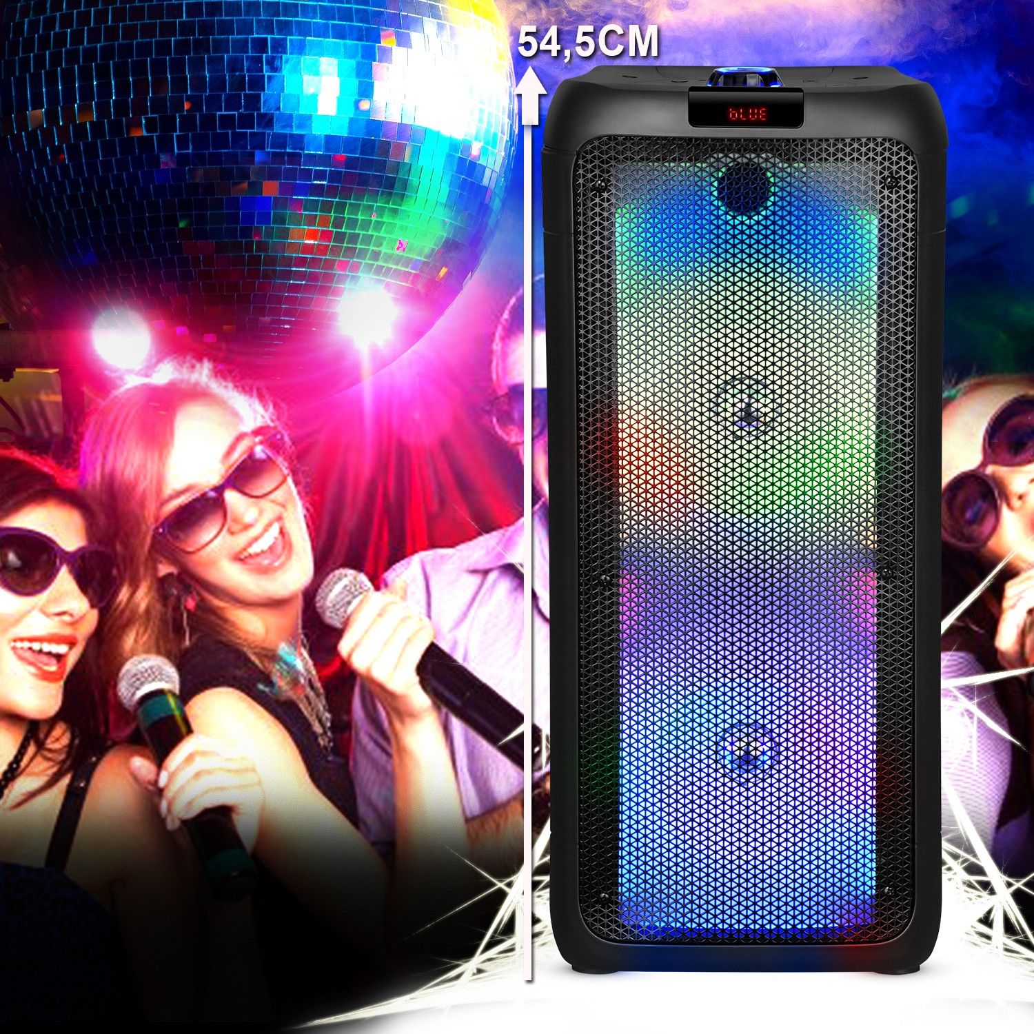 Active Speaker - FestiSound SRX208 - 500W - 2x 8" LED - Battery-Powered Bluetooth USB SD TWS - Microphone + UFO Light