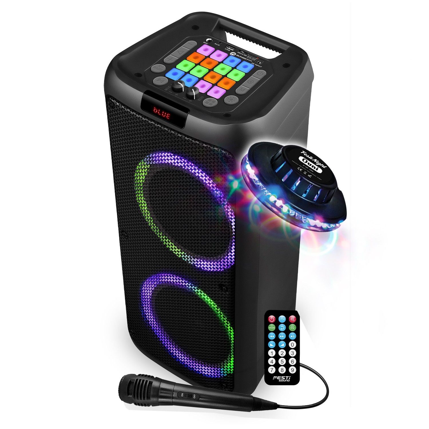 Party Karaoke Speaker - FestiSound Sunset 208 - 600W Bluetooth, USB/SD, Microphone Cable, 2x 8-inch Boomers + UFO Light Dish