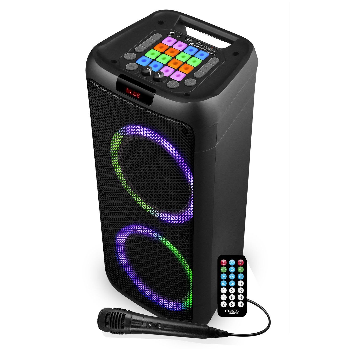 FestiSound SUNSET208 Battery-Powered Speaker - 600W USB/SD/PC Bluetooth - Wired Microphone - 2x 20cm Boomers with RGB LED