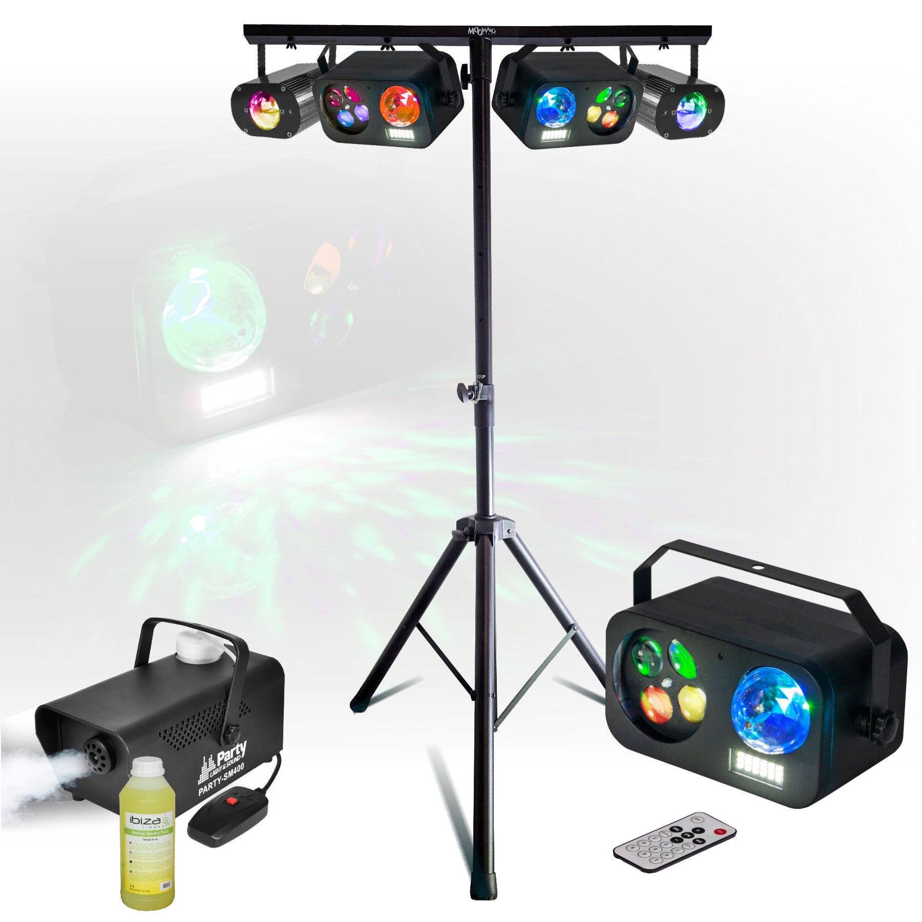 Sistema de luz y sonido de fiesta con 4 efectos de luz, proyectores de gobo, estroboscopio, máquina de humo, 400W, 1L líquido
