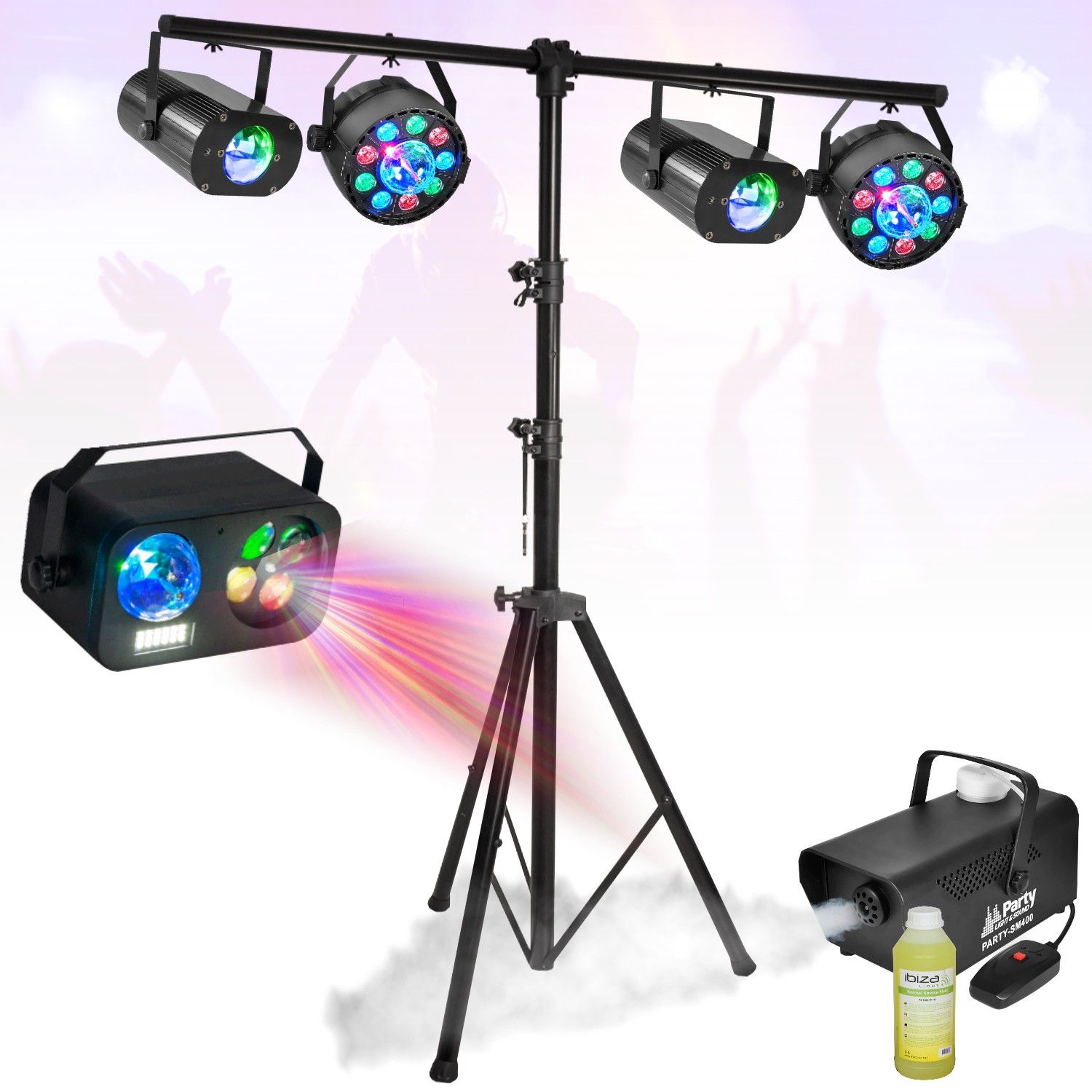 Party Light Kit PARTY LIGHT & SOUND 2 Projectors - Waterwave Effects - Astro Strobe - Liquid Smoke Machine 1L