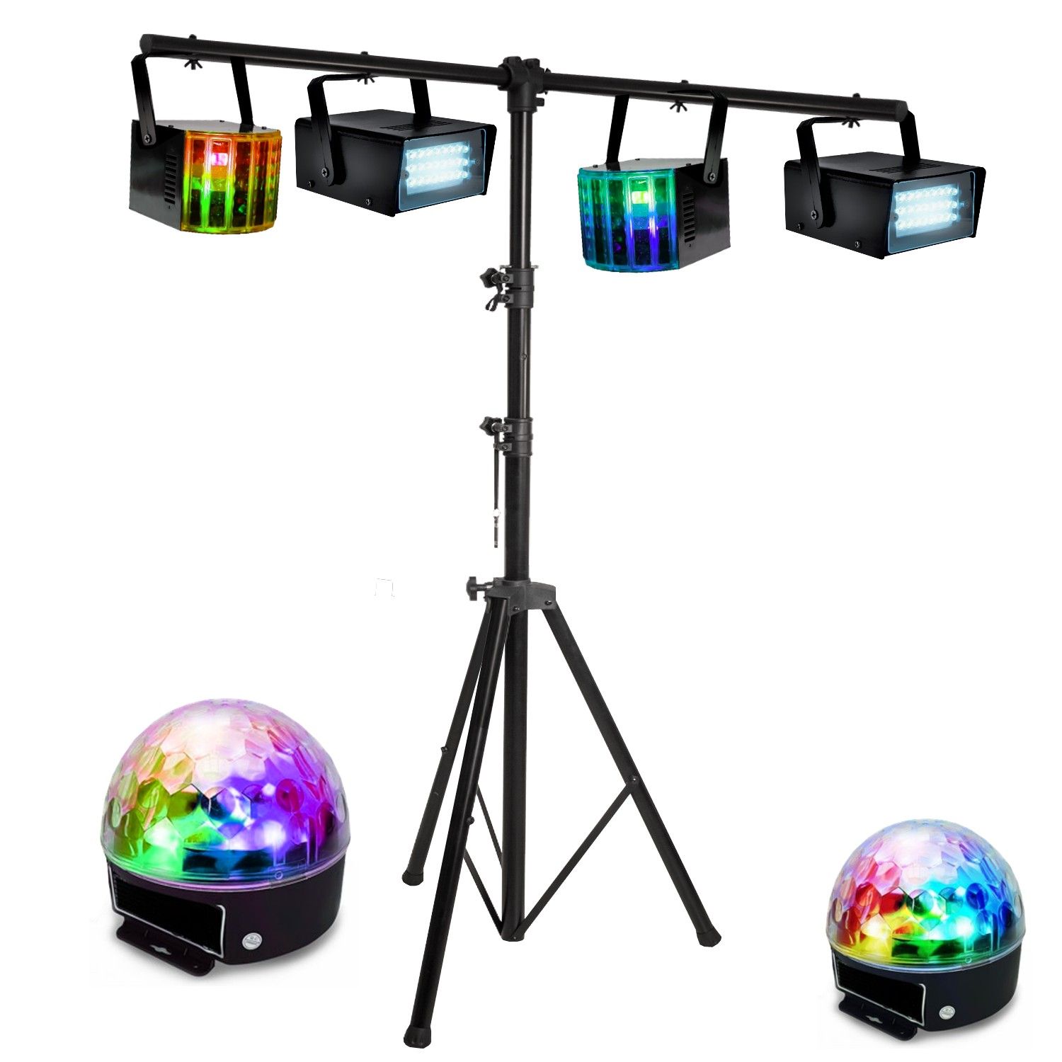 Kit de iluminación Ibiza de 6 piezas con soporte - 2 efectos Derby, 2 luces estroboscópicas, 2 luces Astro - DJ, bodas, fiestas, aniversarios, noches