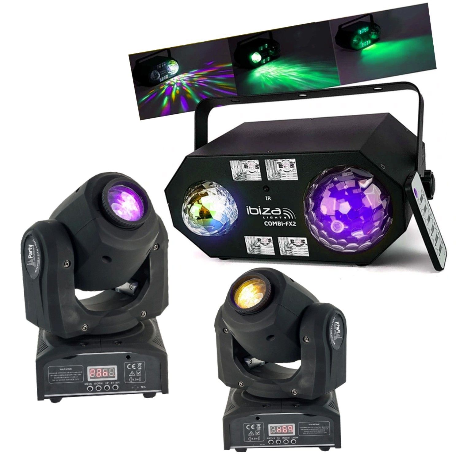Kit d'éclairage Party 3 en 1 - 2 lampes PARTY-SPOT7 DMX à gobo + COMBI-FX2 Lumière 4 en 1