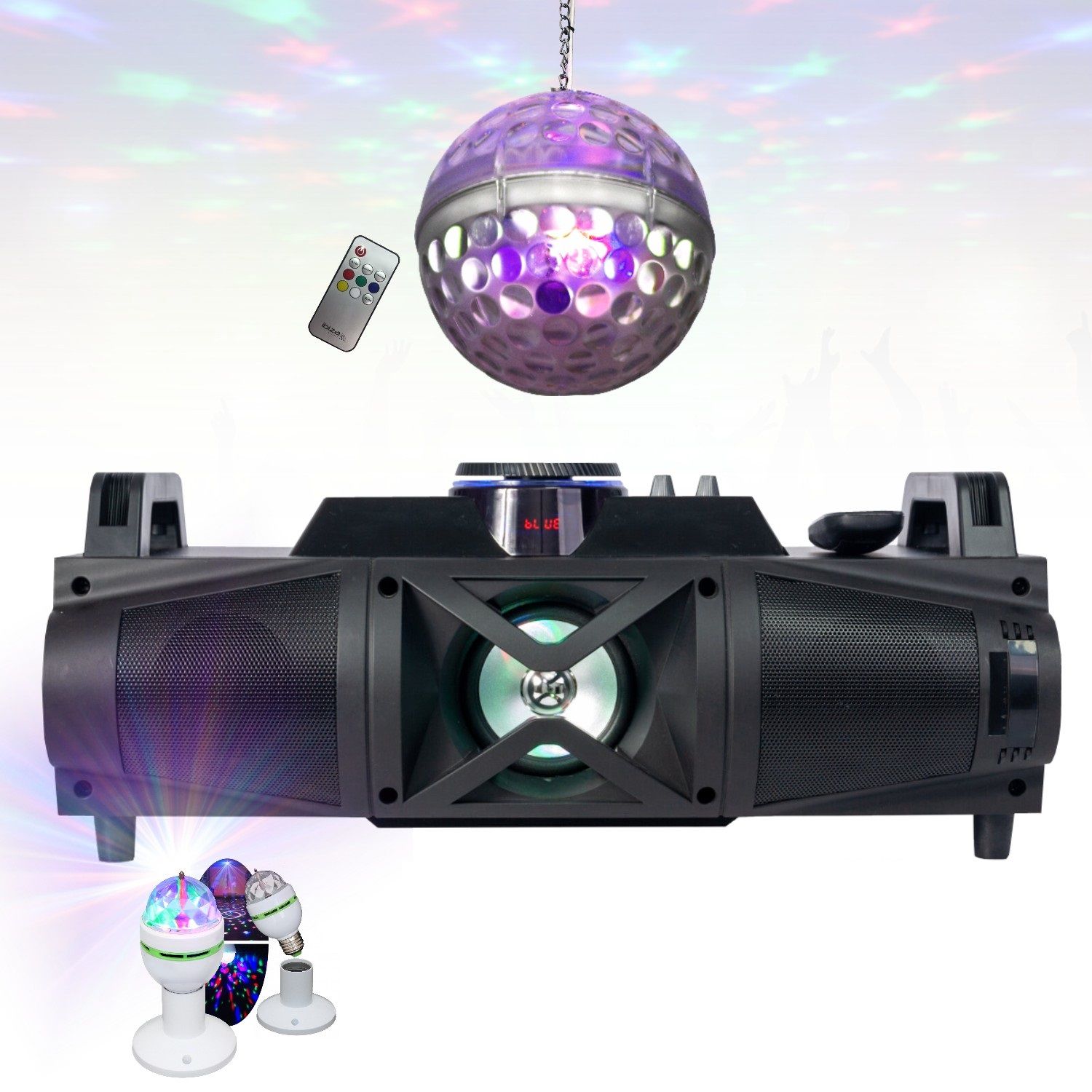 Party Falcon Bluetooth Speaker with LED Lights and FM Radio - Disco Ball and Astro Light Set