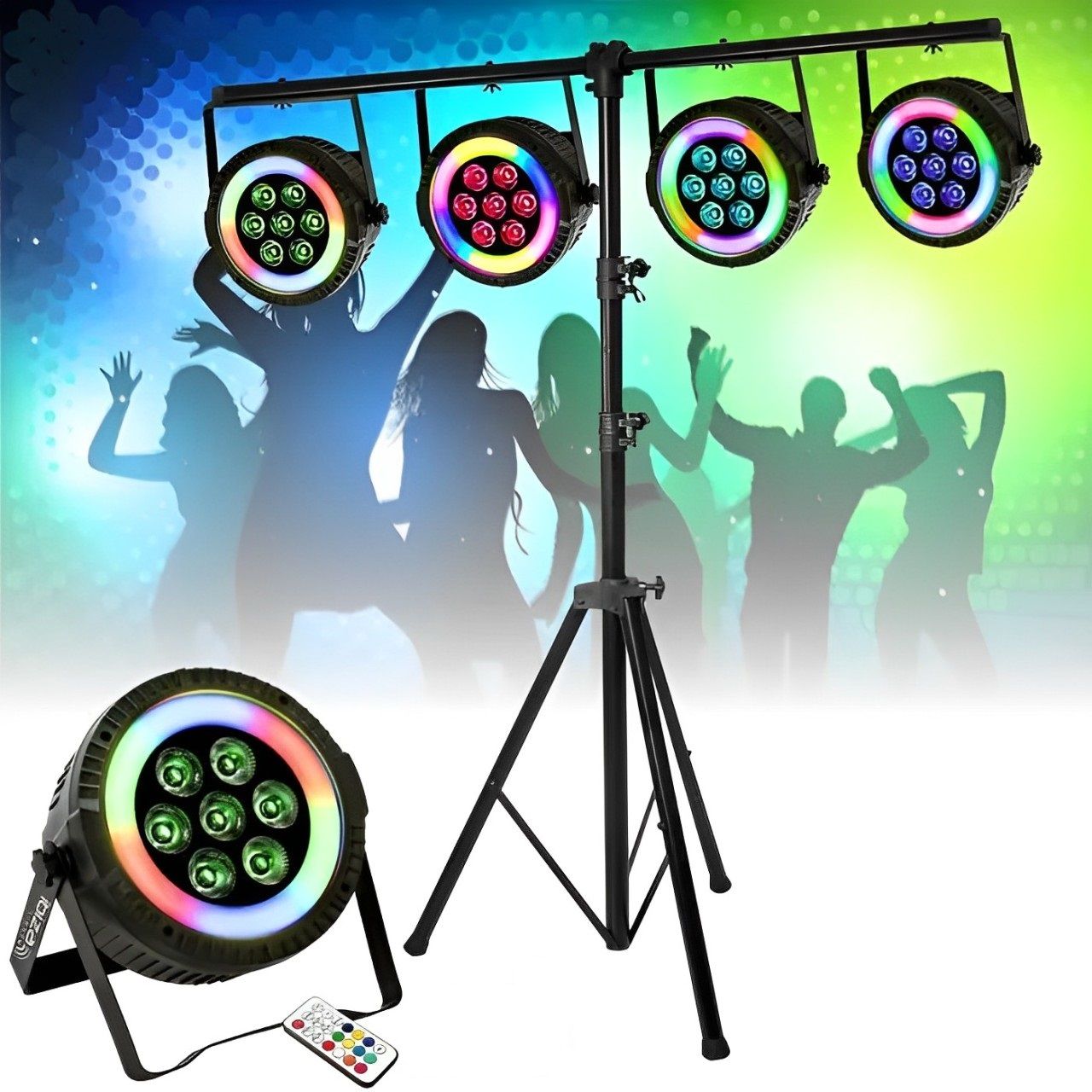 Ibiza Light THINPAR-LED-RING 7x6W RGBW Projector Set (4 Pieces) with SL002 Stand and DMX Remote