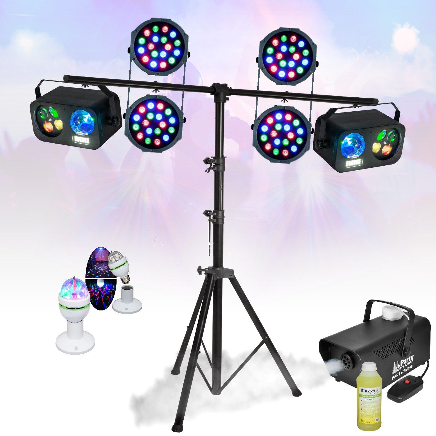 Party Pack Light & Sound - 4 RGB LED Projectors, Gobo & Strobe Lights, Smoke Machine, and DJ Light Stand