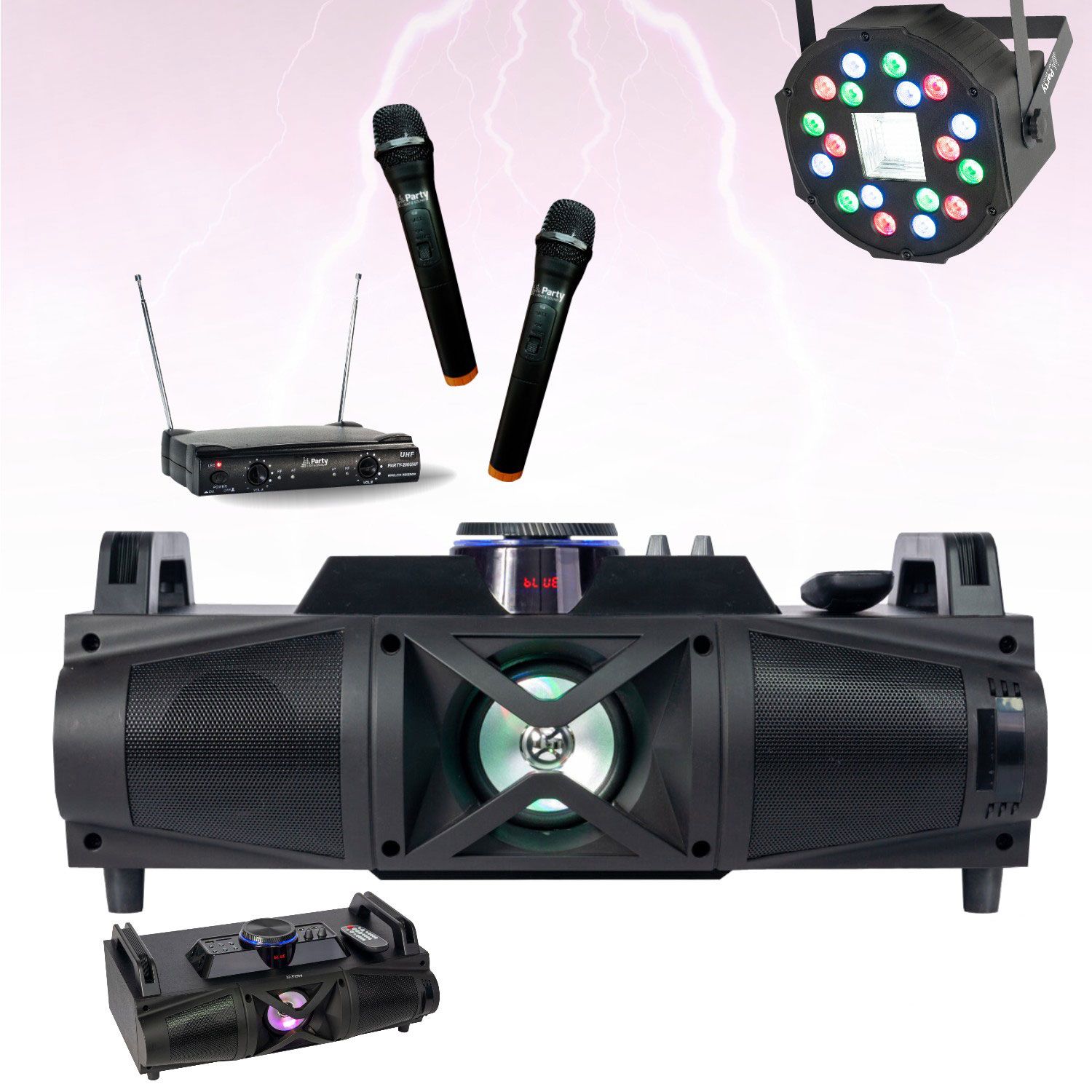 Party Falcon Bluetooth Speaker with LED Lights and Wireless Microphones