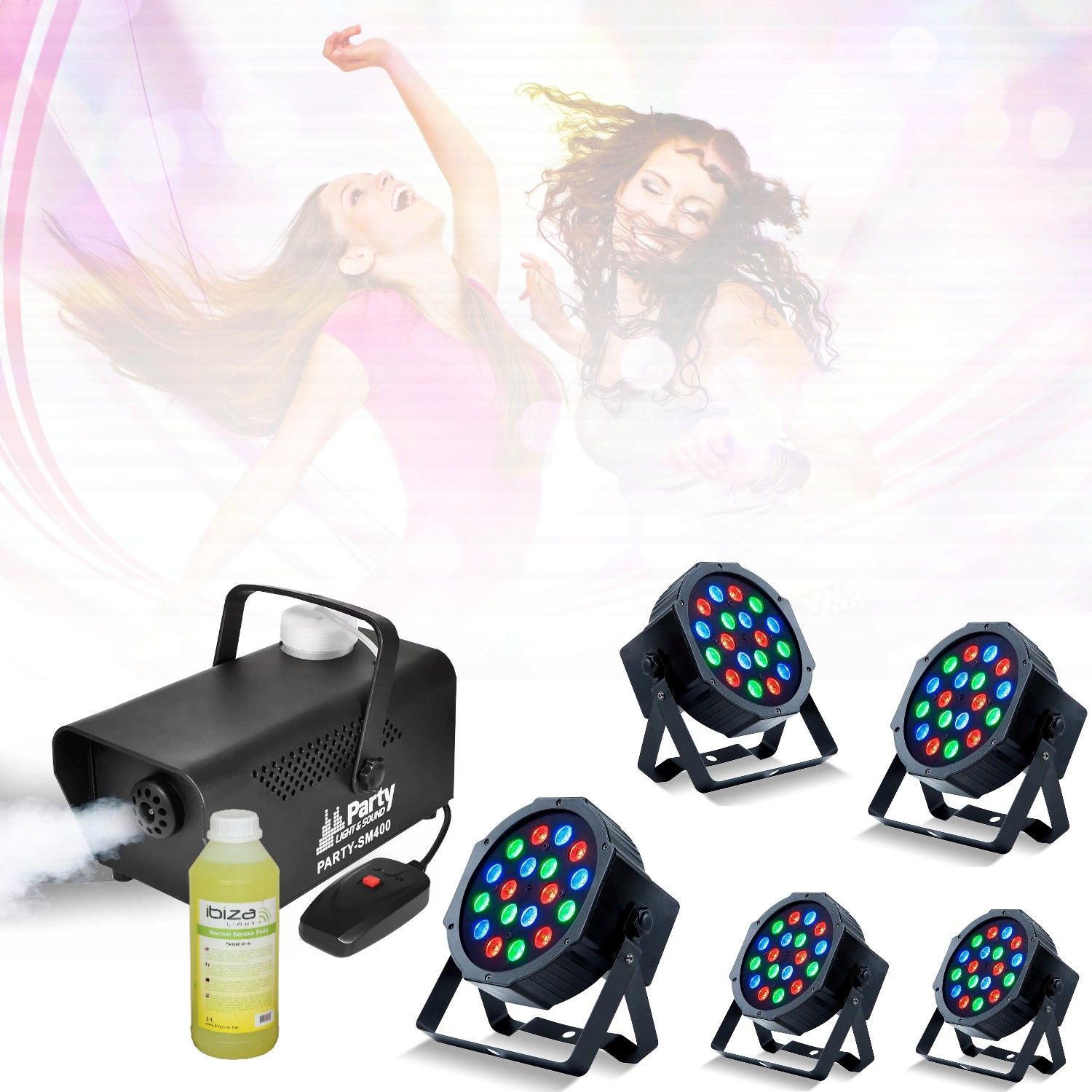 Pack Lumière Party - 5 Projecteurs Par 18x1W RGB DMX avec Machine à Fumée