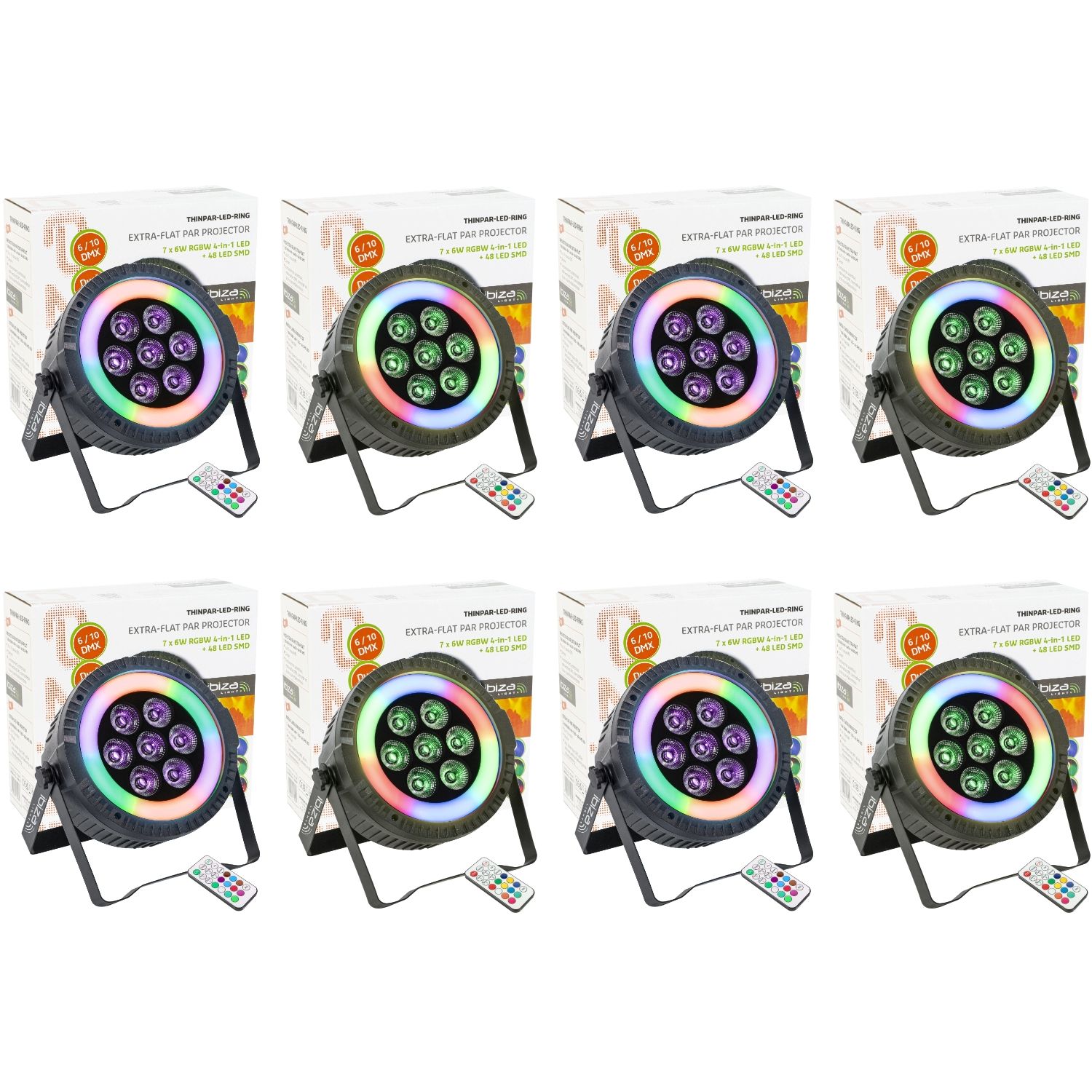 Ibiza Light THINPAR-LED-RING 8-Pack Projectors - 7x6W RGBW 4-in-1 48 LED SMD for Party DJ Club Bar DMX