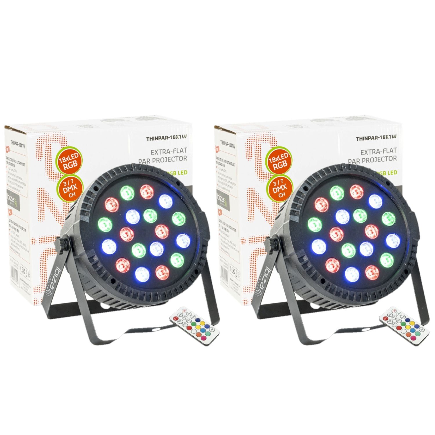 Par de proyectores Ibiza Light THINPAR-18X1W RGB - Luces LED planas con control remoto DMX