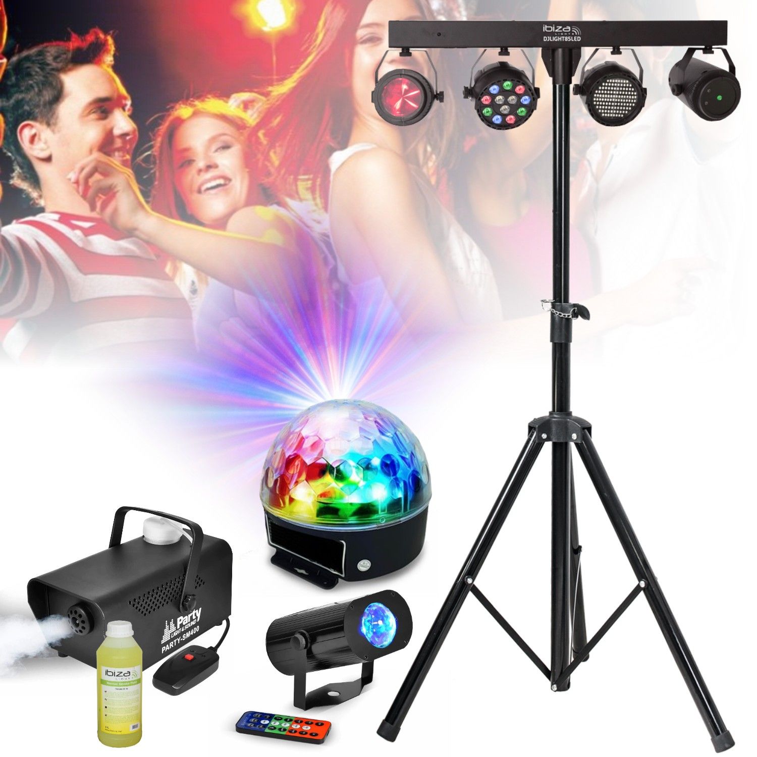 Kit de iluminación Ibiza Light de 6 piezas - Proyectores PAR, Estroboscopio, Efecto Luna, Soporte, Máquina de Humo