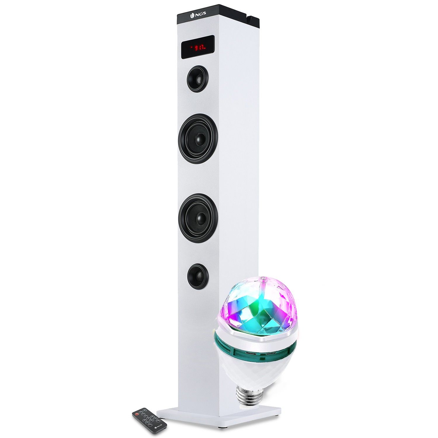 NGS Technology SkyCharm Bluetooth Column Speaker 50W with Remote Control, Optical Input, USB, FM Radio and AUX In, LED Light