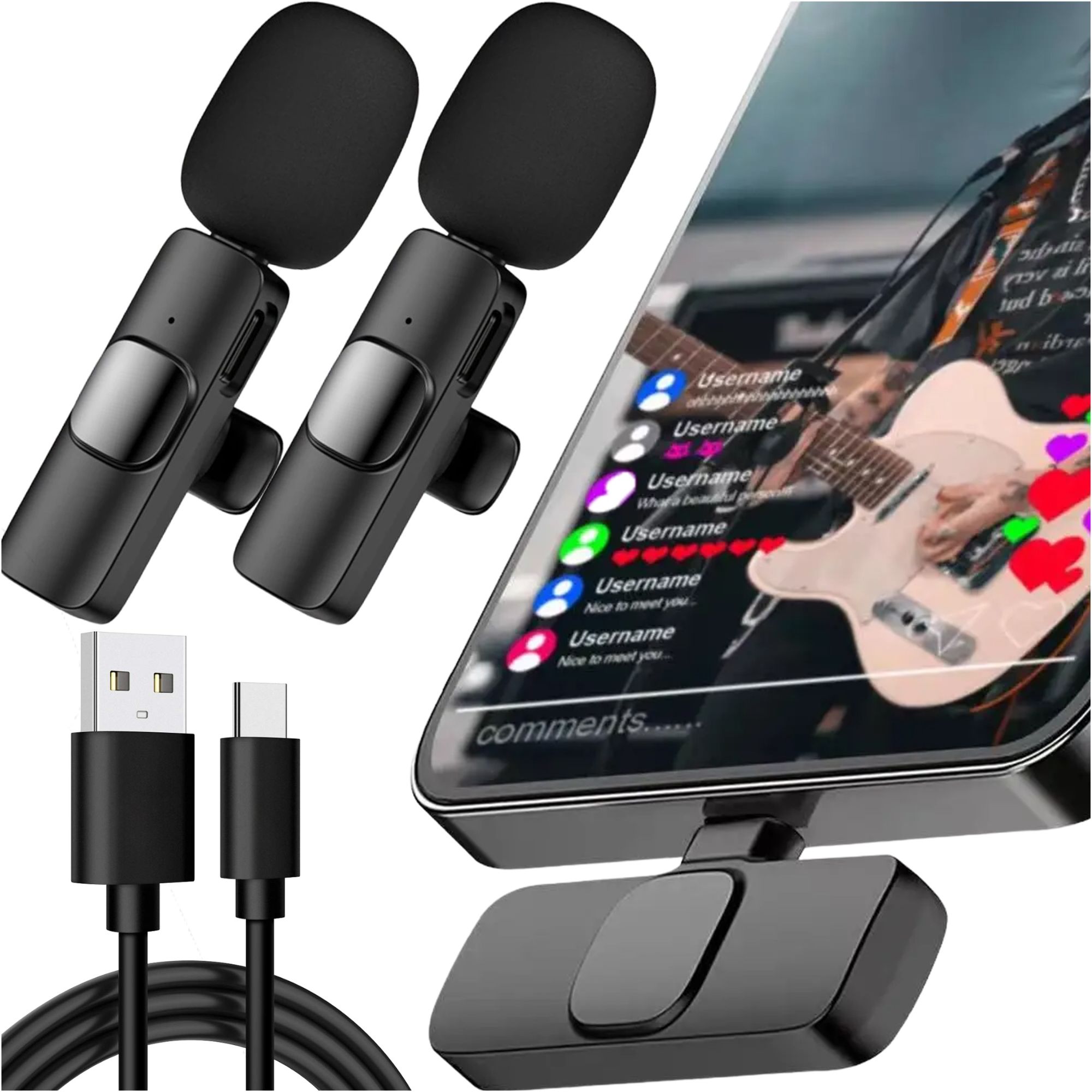 Microphones lavalier sans fil 4com 2x avec récepteur USB-C pour appareils Android et iOS