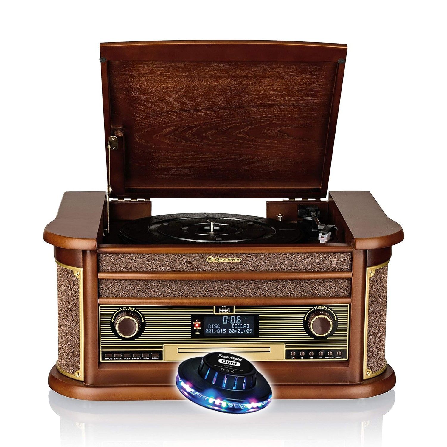 Roadstar HIF-1996D+BT Turntable - Vinyl 33/45/78, DAB+/FM Radio, CD/MP3/Cassette, Bluetooth, USB, Retro Wood, LED