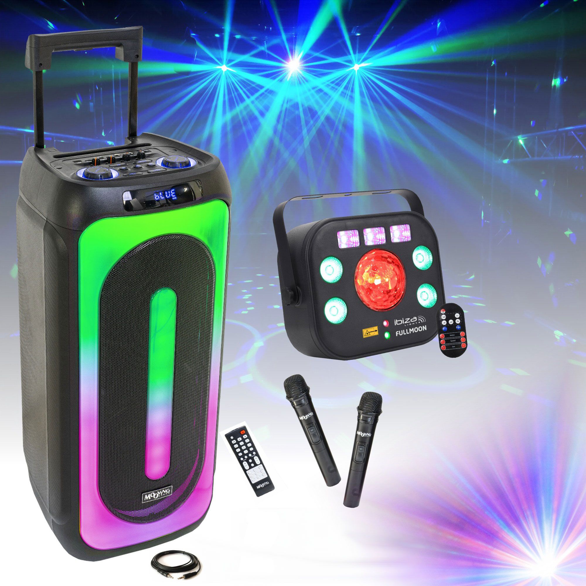 Altavoz autónomo para karaoke MOOVING LIGHT & SOUND MS-MAGIC-SOUND1000 de 1000W con 2 micrófonos inalámbricos - Efecto de luz 5 en 1 Wash UV Láser Stroboscópio Astro