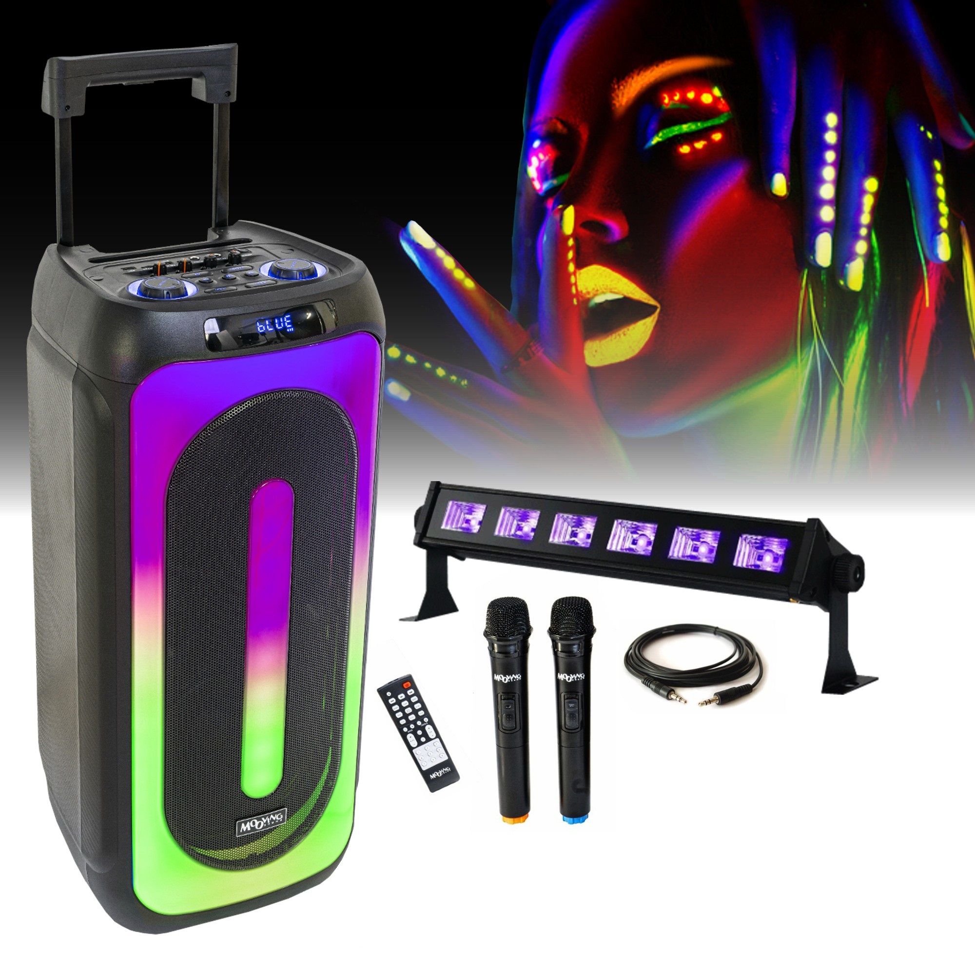 Enceinte portable sur batterie karaoke MS-MAGIC-SOUND1000 Bluetooth USB MOOVING LIGHT & SOUND 1000W 2 micros sans fil - Barre LED UV