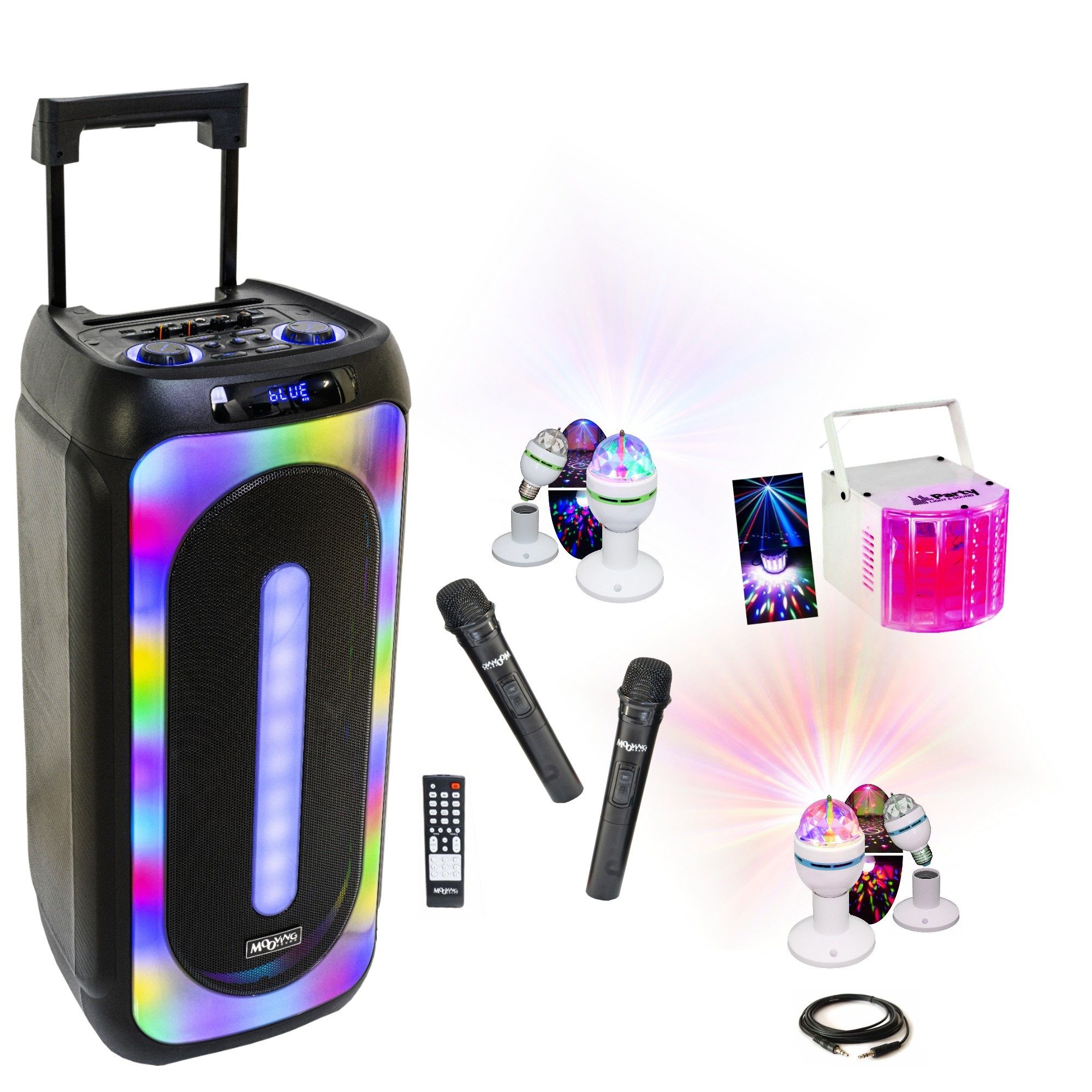 Enceinte portable MOOVING LIGHT & SOUND MS-MAGIC-SOUND1000 avec batterie, 1000W, 2 micros sans fil - Effet de lumière Derby - 3 jeux de lumières