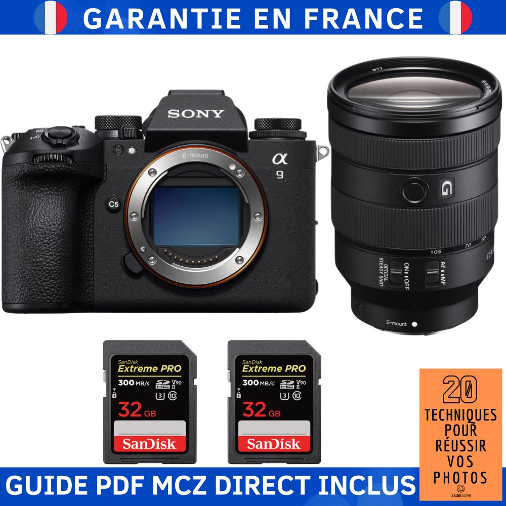 Sony A9 III + FE 24-105mm f/4 G OSS Lens + 2 SanDisk 32GB Extreme PRO UHS-II SDXC Cards + '20 Techniques for Succeeding in Photography' Ebook - Sony Hybrid Camera