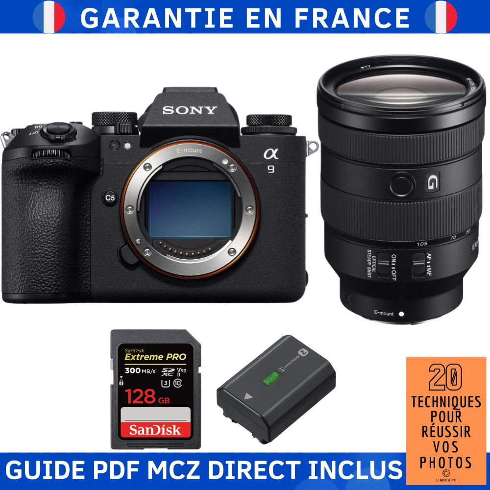 Sony A9 III + FE 24-105mm f/4 G OSS Lens + 1 SanDisk 128GB Extreme PRO UHS-II SDXC Card + 1 Sony NP-FZ100 Battery + '20 Techniques for Success in Photography' Ebook - Sony Hybrid Camera