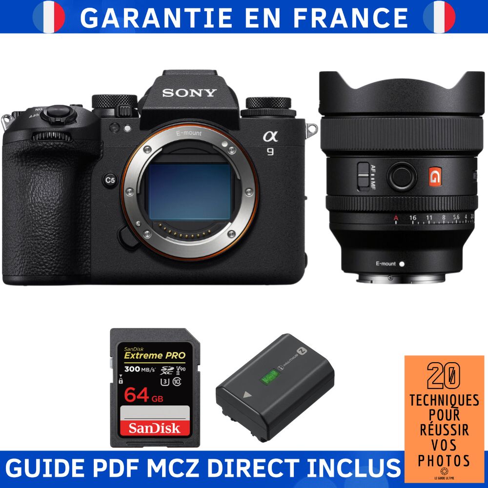 Sony A9 III + Objectif FE 14mm f/1.8 GM + 2 x Cartes mémoire SanDisk Extreme PRO UHS-II 64 Go + Batterie Sony NP-FZ100 + Ebook '20 Techniques pour Réussir vos Photos' - Appareil photo hybride Sony