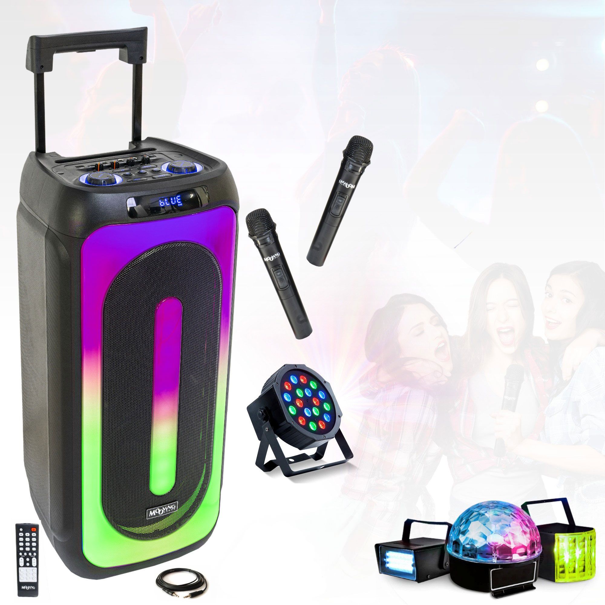 Haut-parleur Bluetooth Moving Light & Sound MS-MAGIC-SOUND1000 1000W avec batterie intégrée et 2 micros sans fil