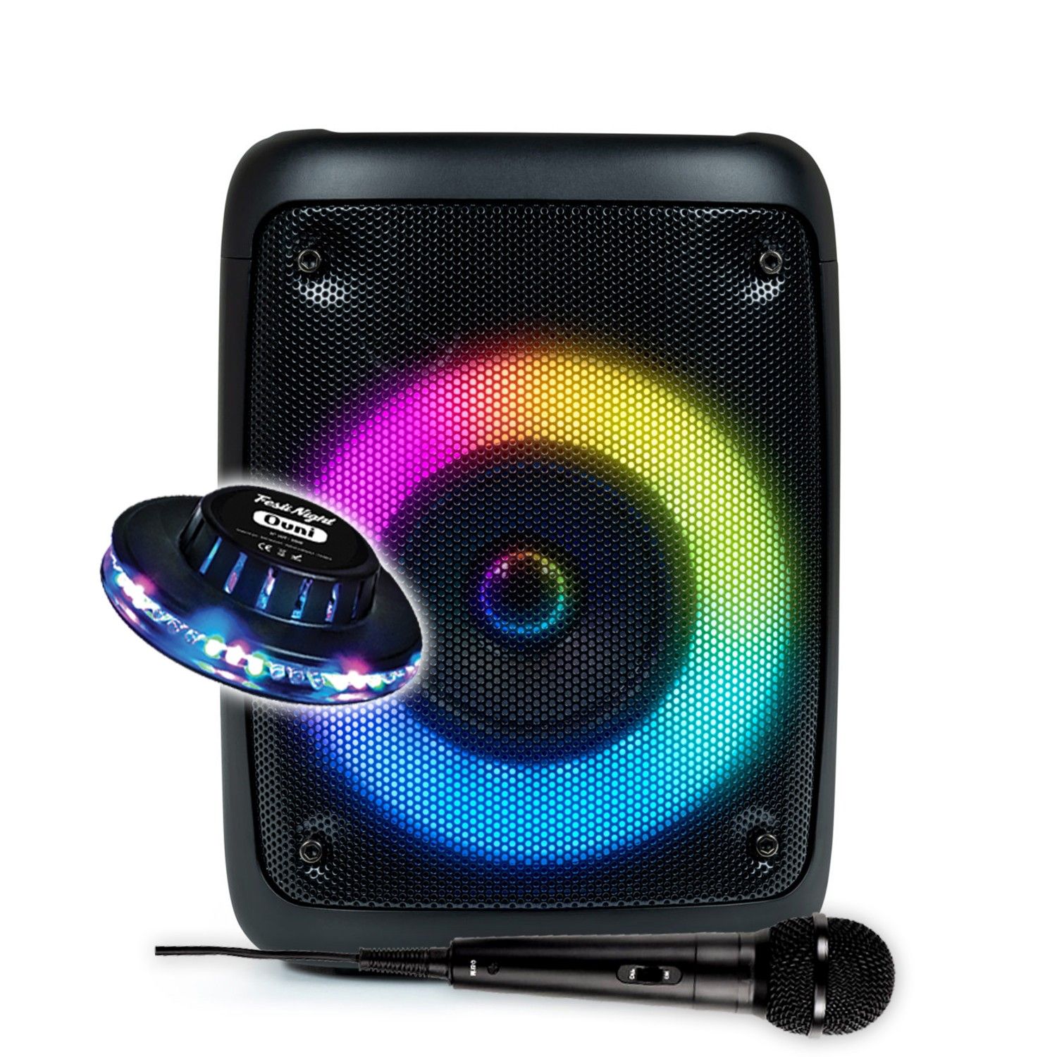 Altavoz activo PartyBTHPS de 30W con Bluetooth, USB, tarjeta SD, luces LED y efecto de luz OVNI