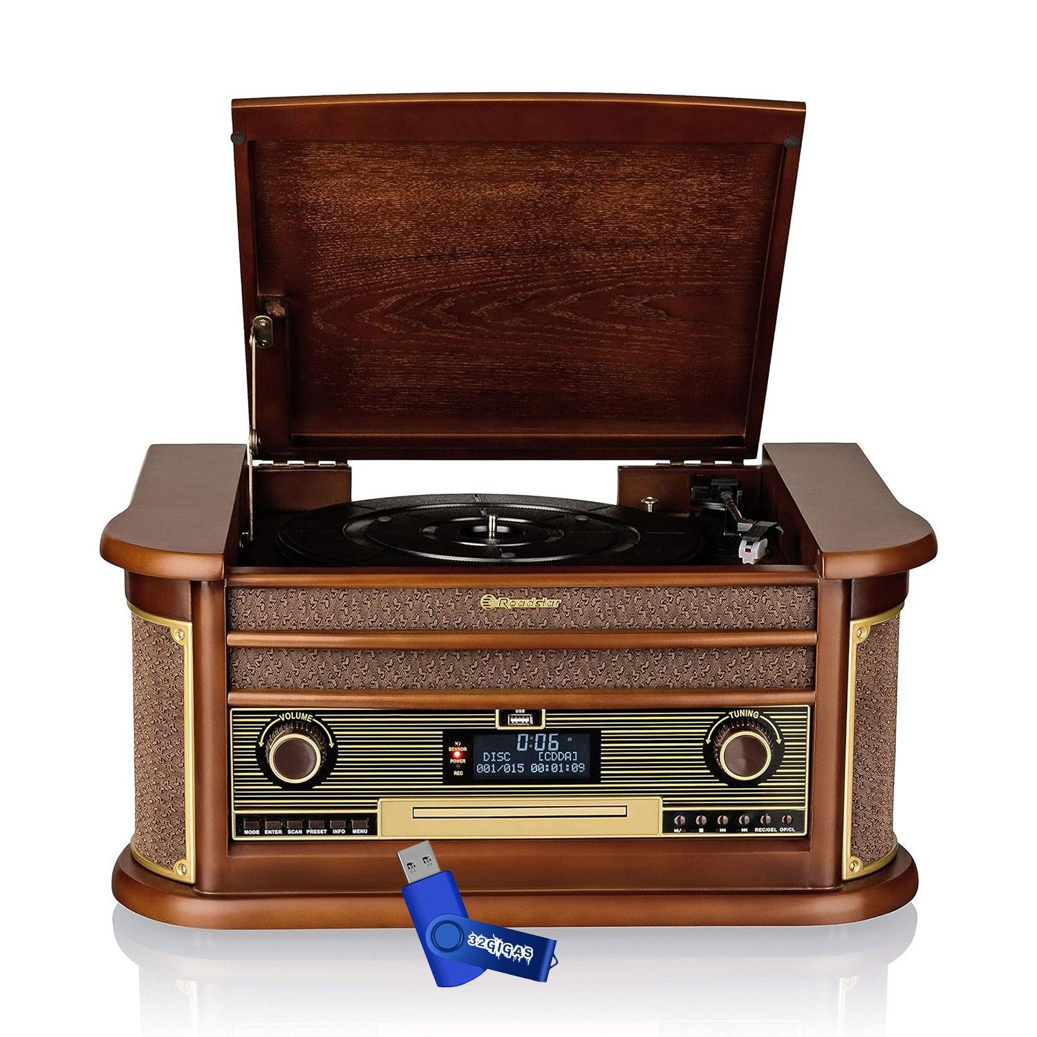 Roadstar HIF-1996D+BT Vinyl Turntable - 33/45/78 RPM, DAB+/FM Radio, CD MP3, Cassette, Bluetooth, USB, Retro, Wood + 32GB USB Key