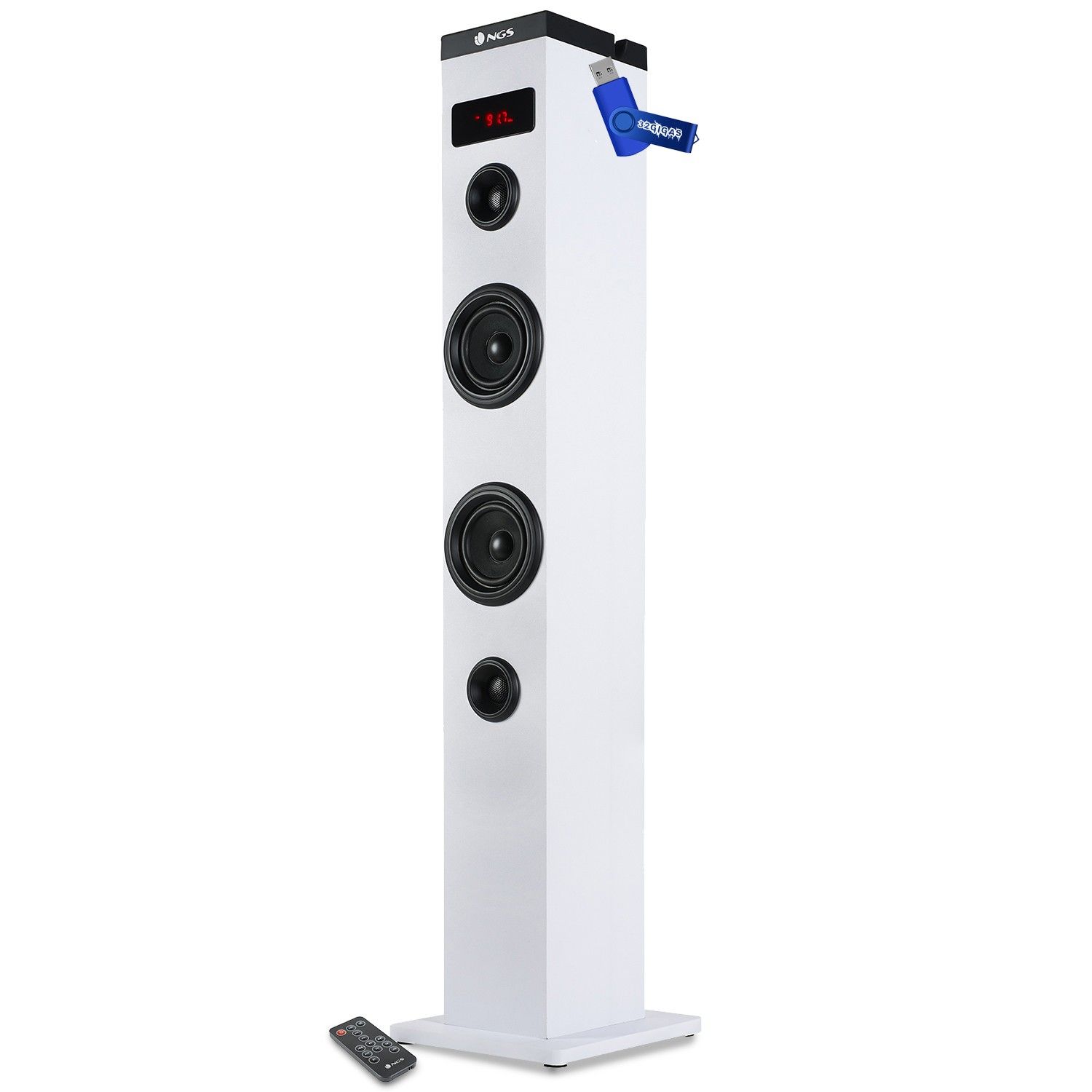 NGS SKYCHARM 50W Bluetooth Speaker with Phone, Optical Input, USB, FM Radio and AUX In (White) + 32GB USB Flash Drive