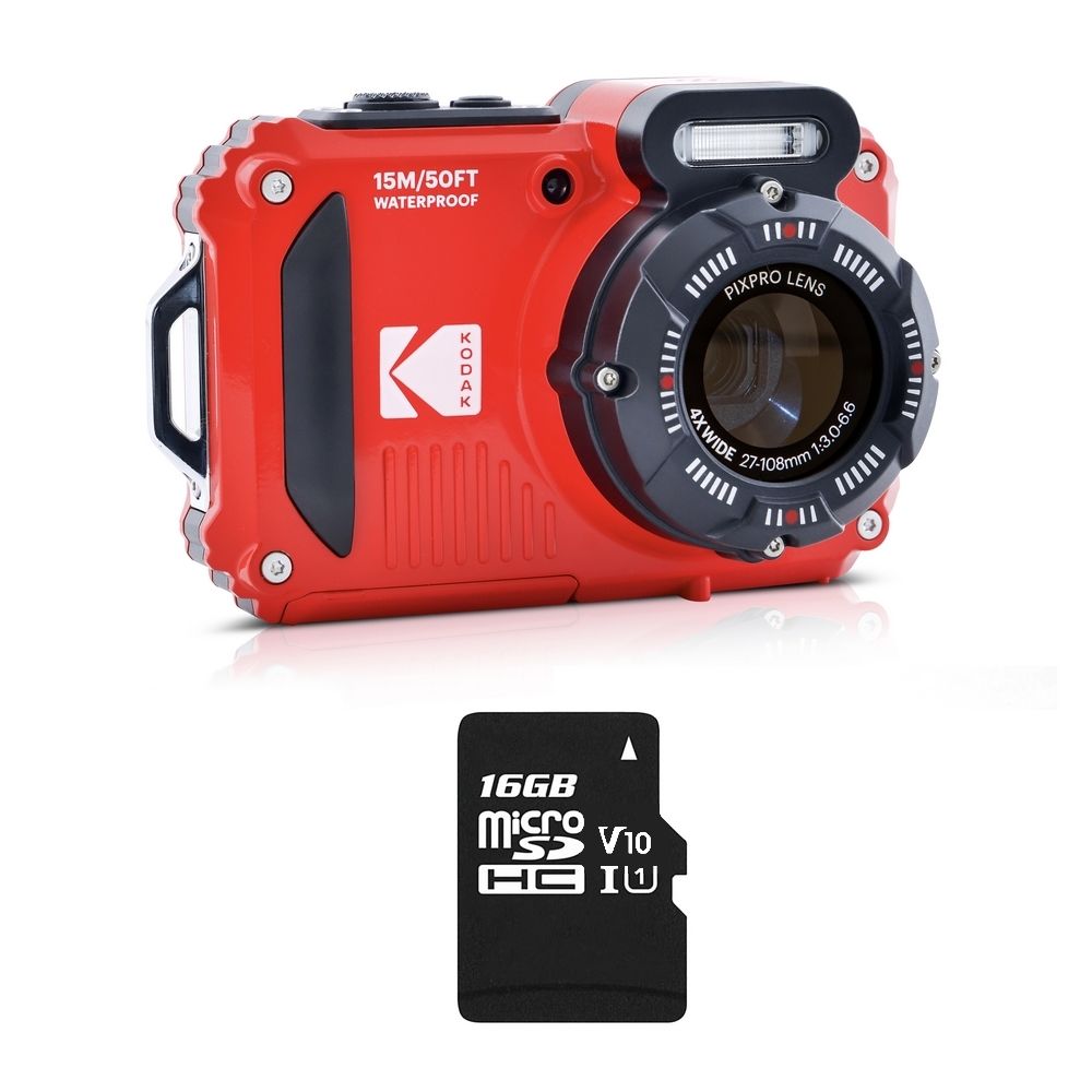 Kodak Pixpro Pack WPZ2 + 1x Kodak SD Card - 16MP, Waterproof to 15m, Shockproof, 720p Video, 2.7" LCD - Lithium-ion Battery - Red