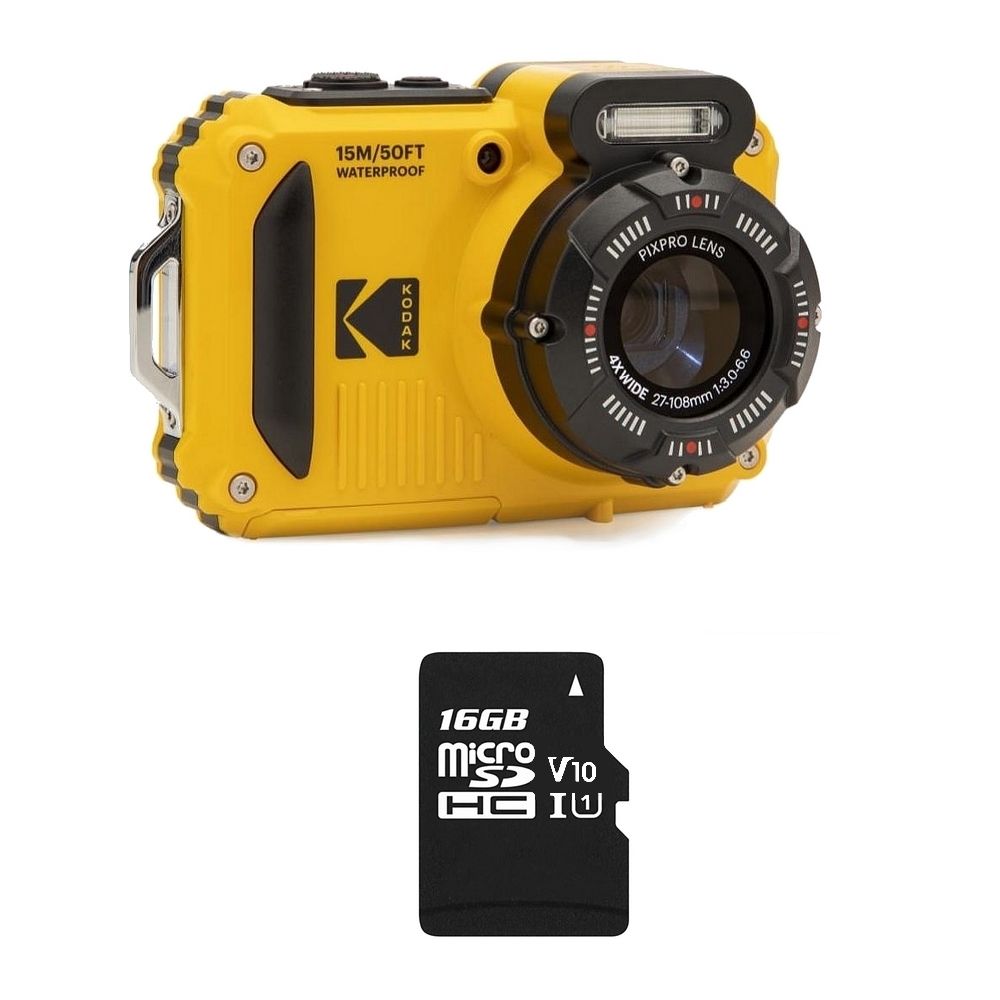 Paquete Kodak Pixpro WPZ2 + 1 tarjeta SD Kodak - 16 MP, resistente al agua hasta 15 m, anti-choques, video 720p, pantalla LCD de 2,7', batería de iones de litio - Amarillo