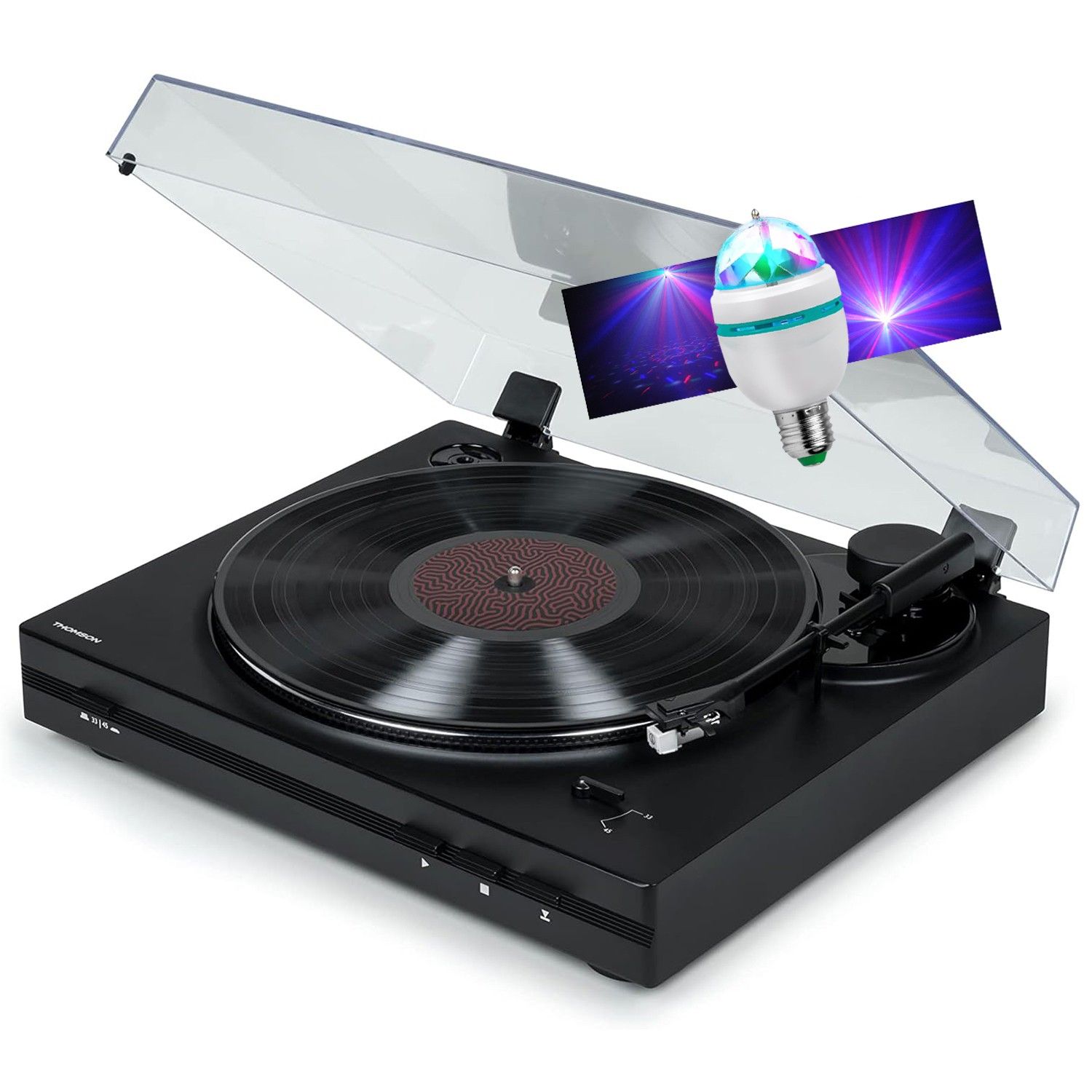 Thomson TT350 Vinyl Record Player - Black, 33/45 RPM, Automatic Arm, LED Color Diamond Bulb Included