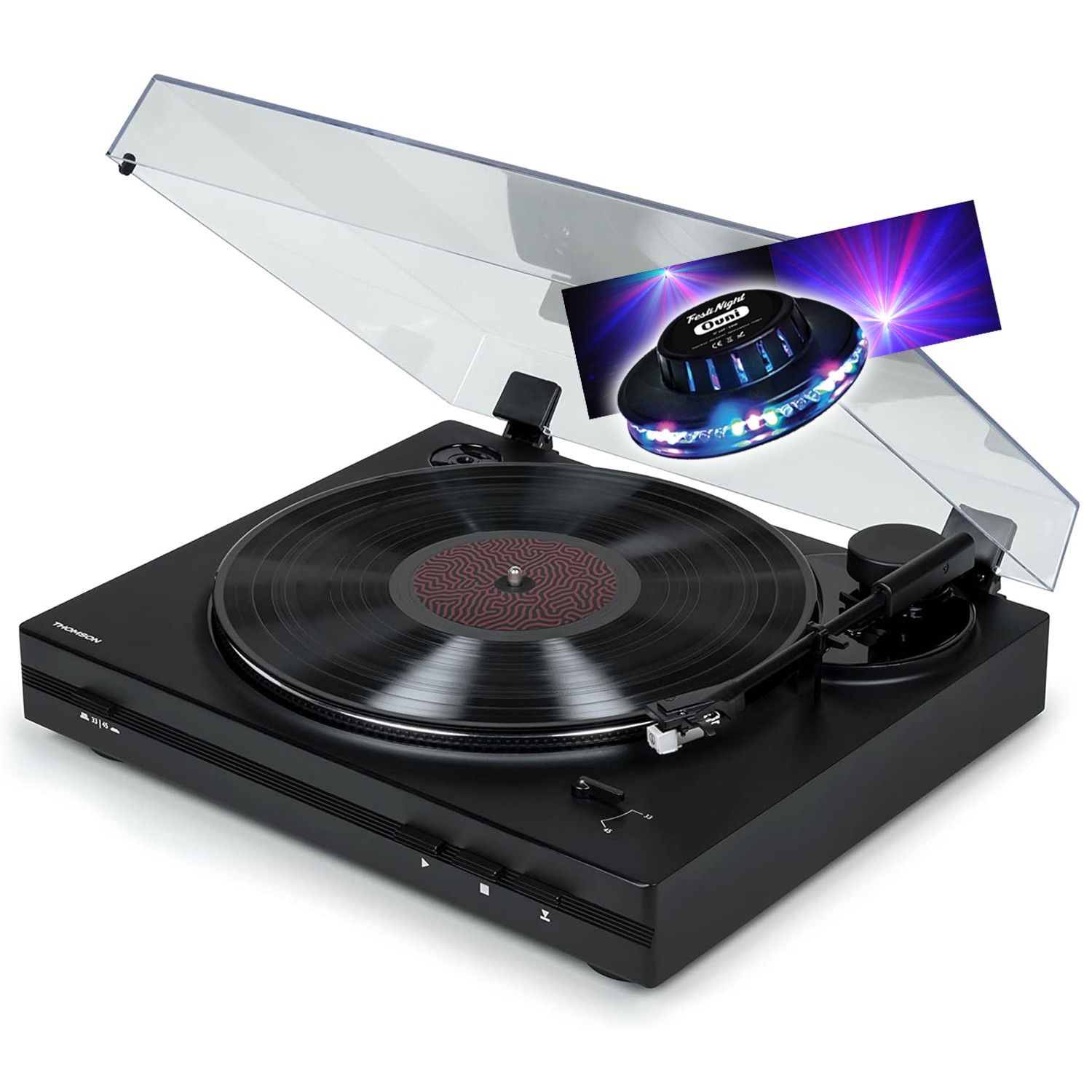 Thomson TT350 Black Vinyl Record Player 33/45 RPM, Automatic Arm, UFO Color LED Light Set