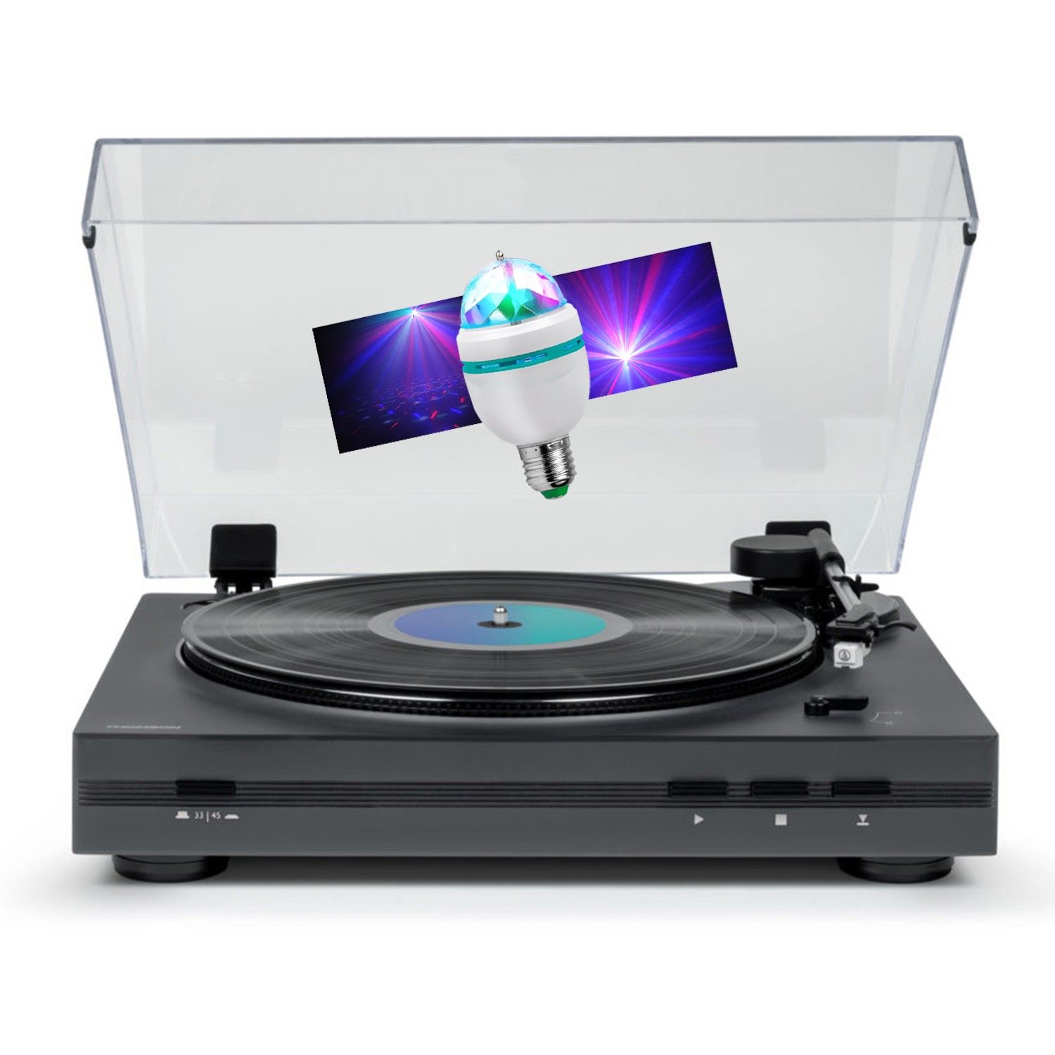 Thomson TT355 Black Vinyl Record Player, 33/45 RPM, Automatic Arm, Included DIAMS LED Light Bulb