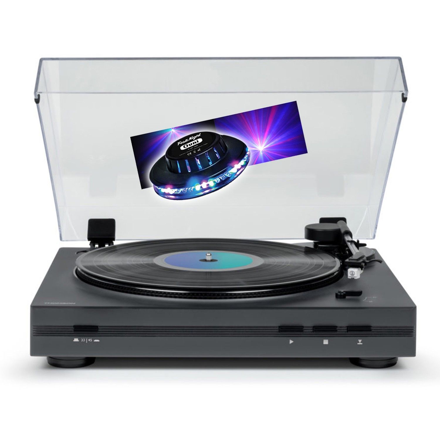 Thomson TT355 Black Vinyl Record Player, 33/45 RPM, Automatic Arm, LED Light Show