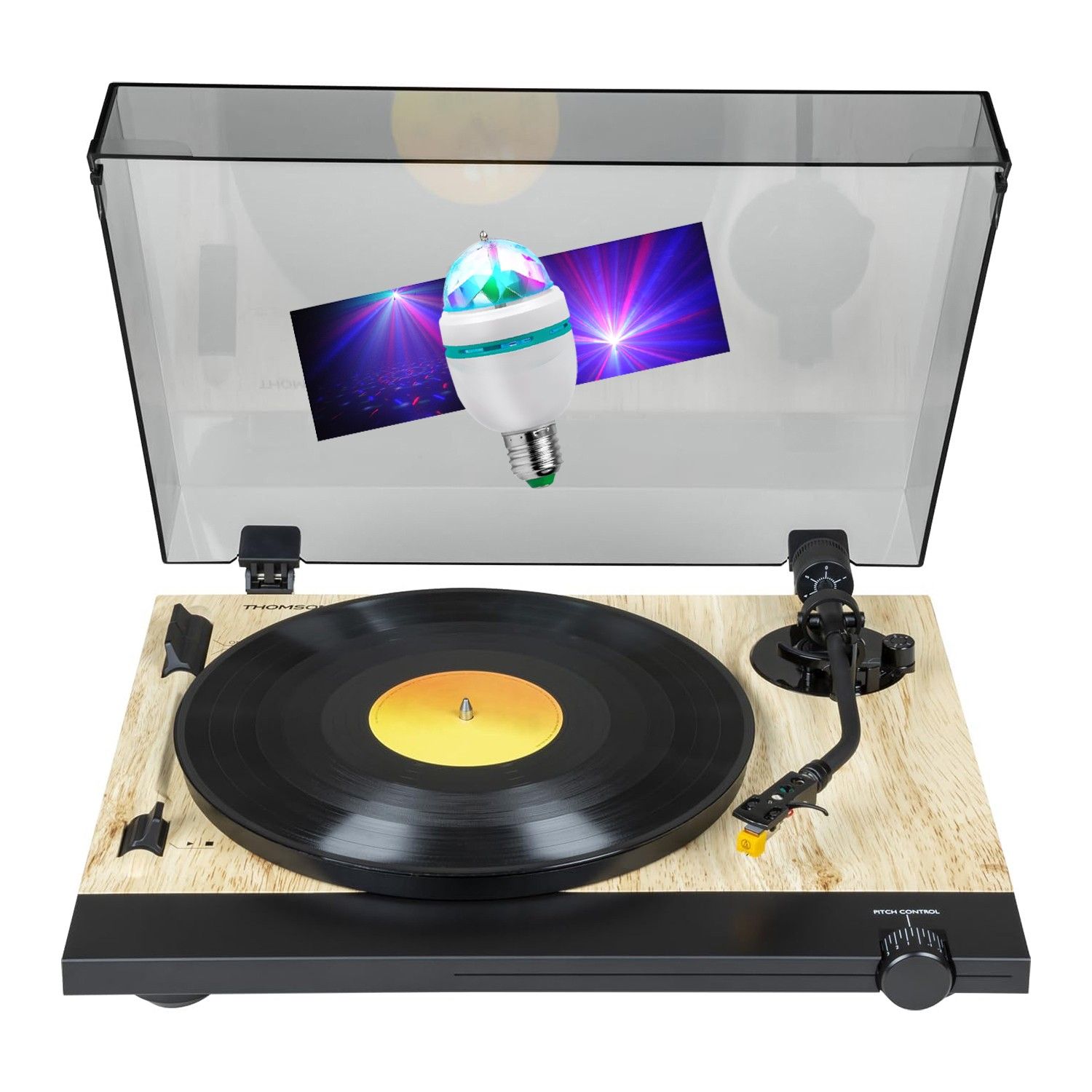 Reproductor de vinilo Thomson TT702 - 33/45 RPM, acabado madera, negro, bombilla DIAMS LED de colores incluida