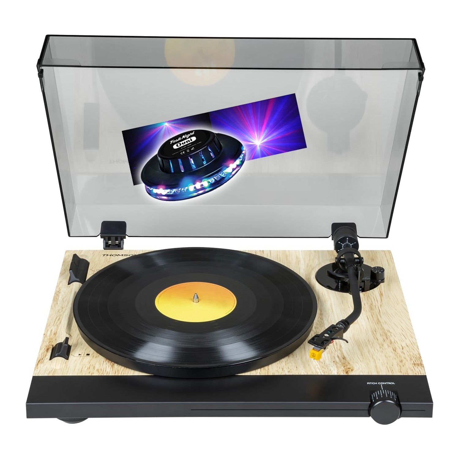 Giradiscos Thomson TT702 con cartucho Audio Technica AT91 - 33/45 RPM, acabado madera, negro, juego de luces UFO de colores