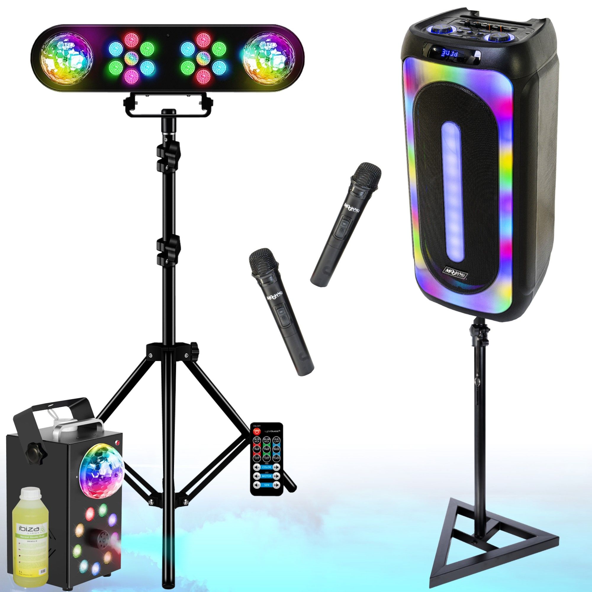 MOOVING LIGHT & SOUND 1000W Bluetooth Battery Speaker System with LED Lights and Fog Machine