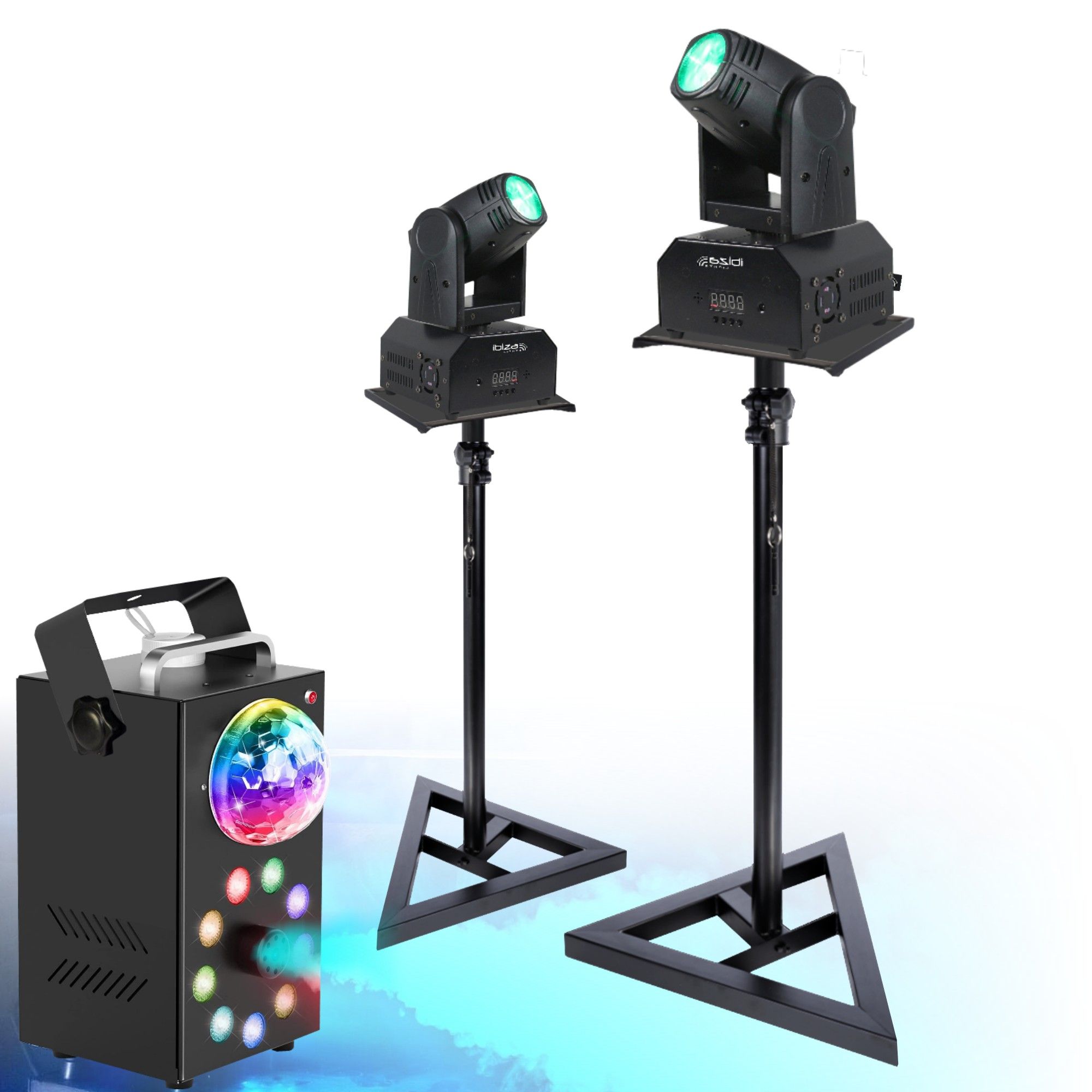 Ibiza Light LMH250-RC Spot 10W DMX Lights Kit with Fog Machine and Supports