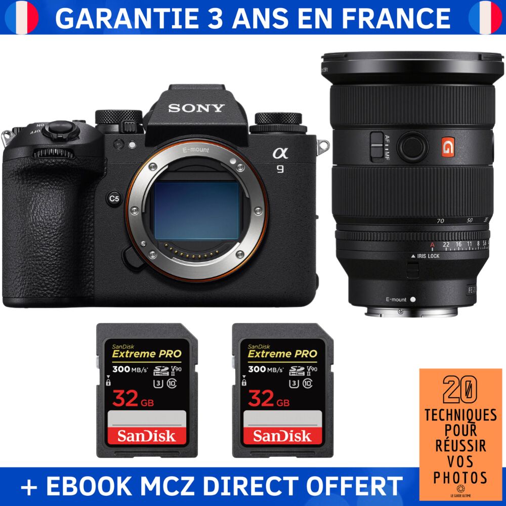 Sony A9 III + Objectif FE 24-70mm f/2.8 GM II + 2 Cartes SD SanDisk 32 Go Extreme PRO UHS-II 300 Mo/s + Ebook '20 Techniques pour Réussir vos Photos' - Appareil Photo Professionnel