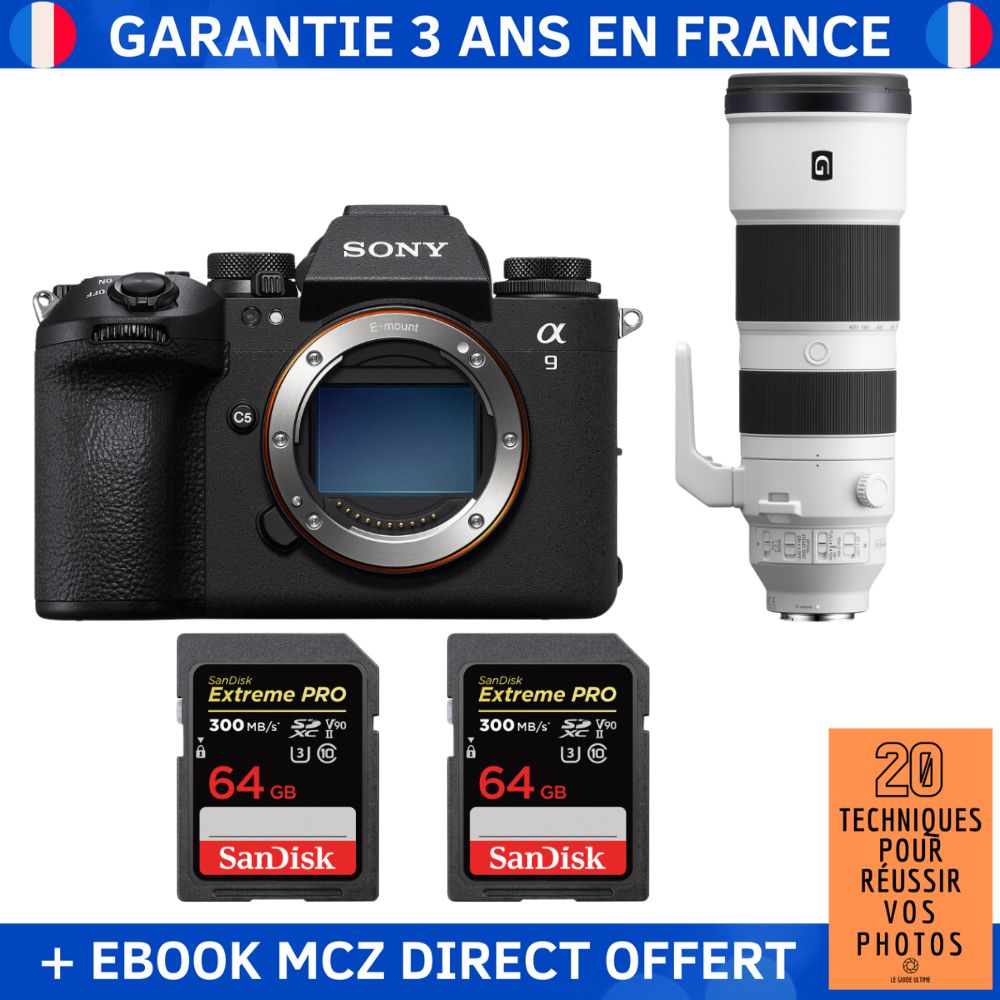 Sony A9 III + FE 200-600mm f/5.6-6.3 G OSS + 2 SanDisk 64GB Extreme PRO UHS-II SDXC 300 MB/s + Ebook '20 Techniques pour Réussir vos Photos' - Professional Camera