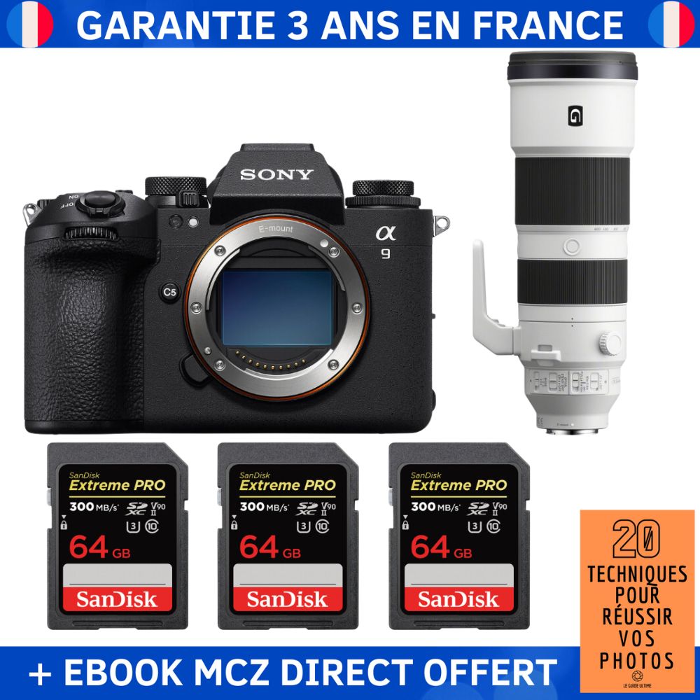 Sony A9 III + FE 200-600mm f/5.6-6.3 G OSS + 3 SanDisk 64GB Extreme PRO UHS-II SDXC 300 MB/s + Ebook '20 Techniques pour Réussir vos Photos' - Professional Camera