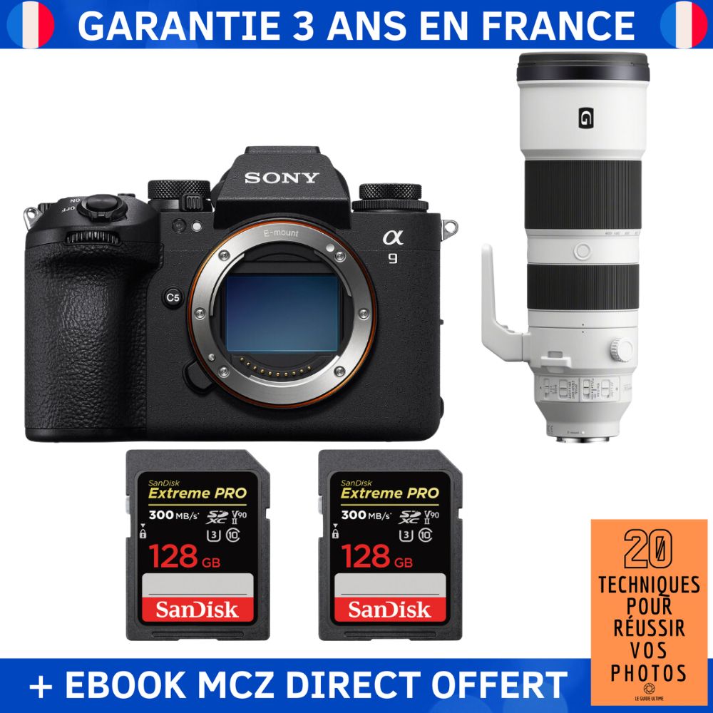 Sony A9 III + FE 200-600mm f/5.6-6.3 G OSS + 2 SanDisk 128GB Extreme PRO UHS-II SDXC 300MB/s + Ebook '20 Techniques pour Réussir vos Photos' - Professional Camera