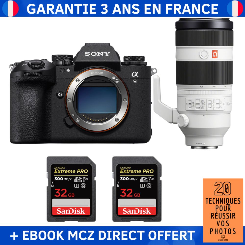 Sony A9 III + FE 100-400mm f/4.5-5.6 GM OSS Lens + 2 SanDisk 32GB Extreme PRO UHS-II SDXC Cards + '20 Techniques for Successful Photos' Ebook - Professional Camera