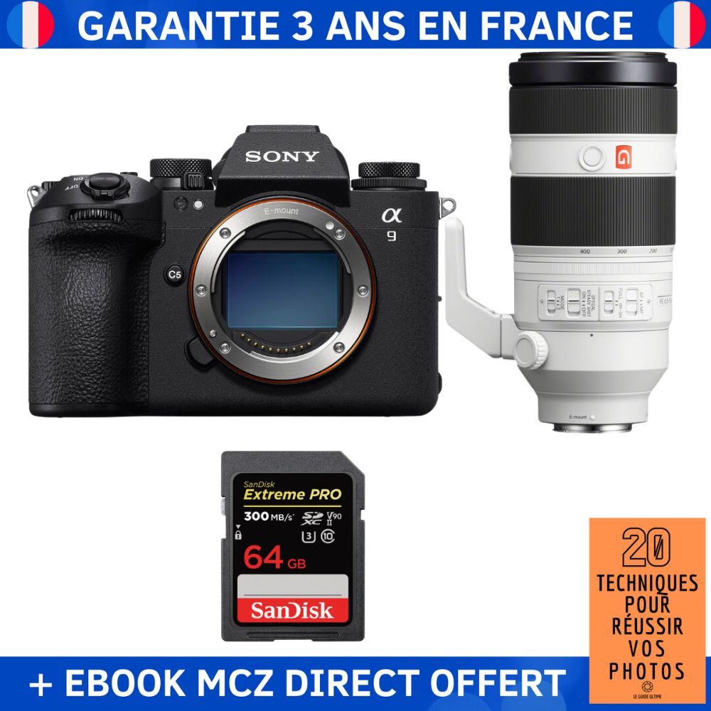 Sony A9 III + FE 100-400mm f/4.5-5.6 GM OSS + 64GB SanDisk Extreme PRO UHS-II SDXC 300MB/s + '20 Techniques pour Réussir vos Photos' Ebook - Appareil Photo Professionnel