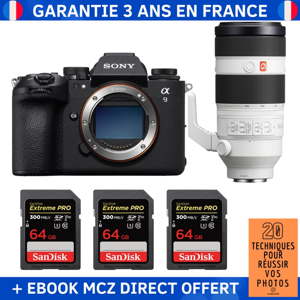 Sony A9 III + FE 100-400mm f/4.5-5.6 GM OSS + 3 SanDisk 64GB Extreme PRO UHS-II SDXC 300MB/s + Ebook '20 Techniques pour Réussir vos Photos' - Professional Camera