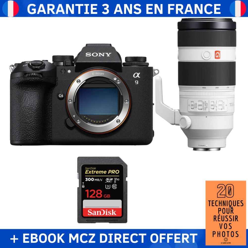 Sony A9 III + FE 100-400mm f/4.5-5.6 GM OSS Lens + 1 SanDisk 128GB Extreme PRO UHS-II SDXC Card + '20 Techniques for Succeeding in Photography' Ebook - Professional Camera