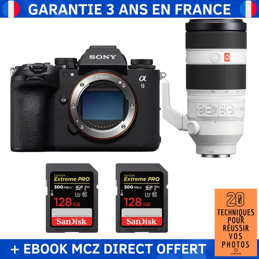 Sony A9 III + FE 100-400mm f/4.5-5.6 GM OSS + 2 SanDisk 128GB Extreme PRO UHS-II SDXC 300MB/s + Ebook '20 Techniques pour Réussir vos Photos' - Professional Camera