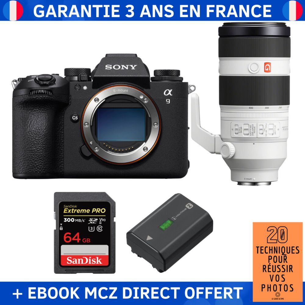 Sony A9 III + FE 100-400mm f/4.5-5.6 GM OSS + 1 SanDisk 64GB Extreme PRO UHS-II SDXC 300MB/s + 1 Sony NP-FZ100 + Ebook '20 Techniques for Success in Photography' - Professional Camera
